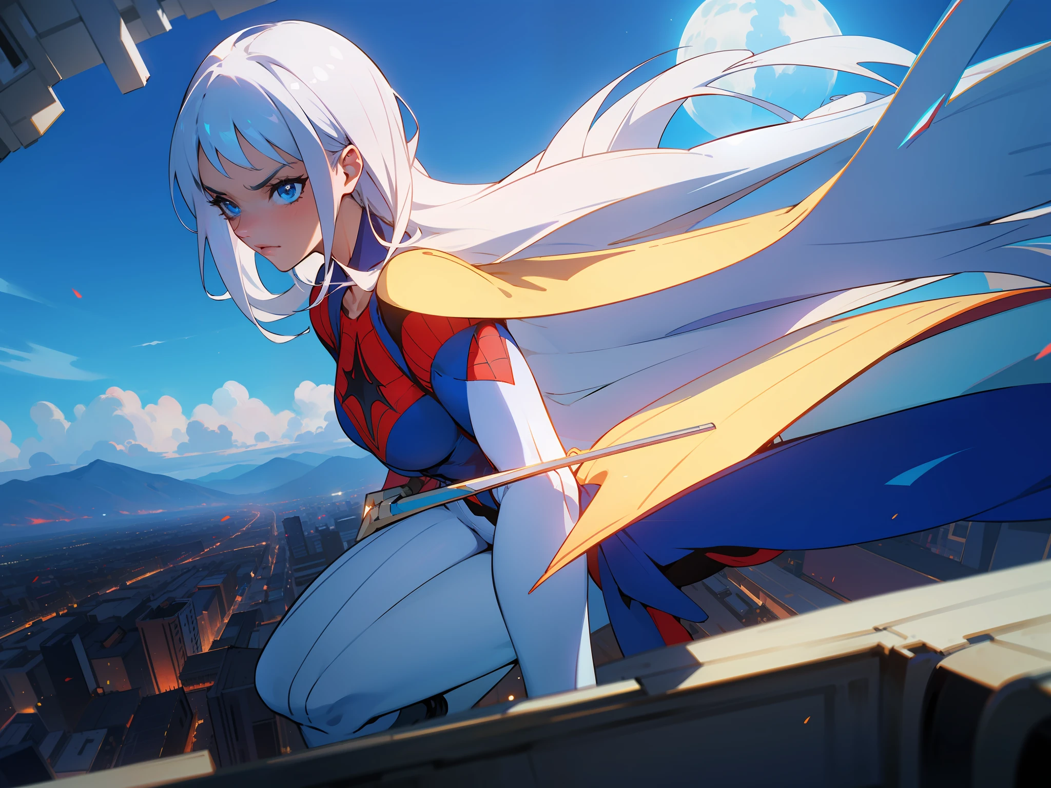(Masterpiece, 4k resolution, ultra-realistic, very detailed), (White superhero theme, charismatic, there's a girl on top of town, she's a superhero), [ (25 years), (long white hair:1.2), full body, (blue eyes:1.2), ((Spider-Man pose),show of strength, jump from one building to another), ((sandy urban environment):0.8)| (cityscape, at night, dynamic lights), (full moon))] # Explanation: The Prompt mainly describes a 4K painting of ultra-high definition, very realistic, very detailed. It shows a superheroine at the top of the city. The theme in the painting is a white superhero theme, the female protagonist has long white hair, is 25 years old and her entire body is shown in the painting. In terms of portraying the actions of superheroines.
