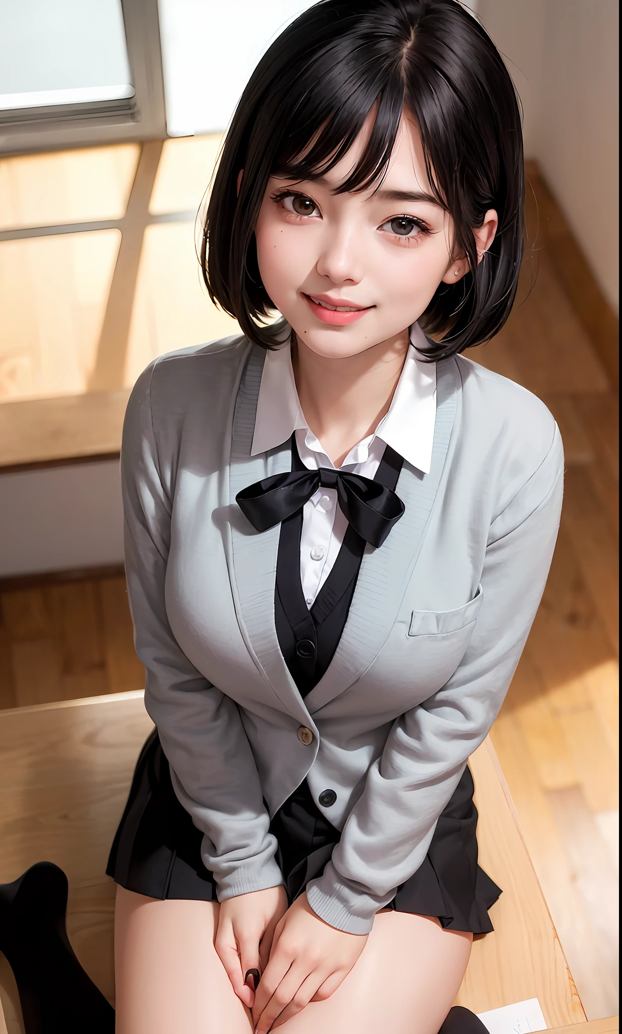 ((8k, RAW photos, top quality, masterpieces), high-definition RAW color photos professional close-up photos, (realistic, photorealism: 1.37), (highest quality), (best shadows), (best illustrations), collarbones ((big)), ((erotic, sexy, ultra high resolution, high-definition CG unified 8K wallpapers, physically based rendering, movie lighting), (aegyo sal:1), 18 year old girl, (grey blazer, ribbon, socks, high school uniform: 1.2), high school classroom, beautiful detail eyes, light on the face, ((full body shot: 1.2)), especially strong light, (upper eyes, grinning smile:1.2),shiny skin, (((black hair, bob hair:1.2))), ( thick thighs), ulzzang-6500-v1.1:0.2, shy, (flash:1.2), NSFW , (puffy), ((seductive posture: 1.2, attractive: 1.2)), (idle), (sitting at a desk in classroom: 1.2)), ((good anatomy: 1.2)), ((bright and refreshing classroom, background blurred: 1.2)), perfect face, cute face, (high angle shot:1.2)