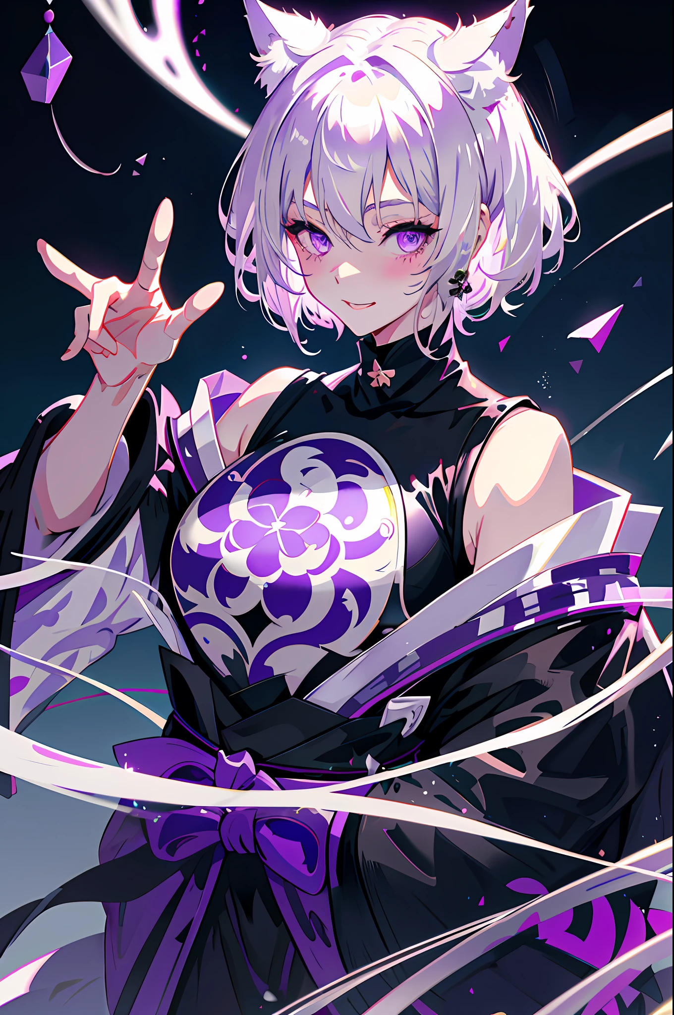 cat ears, short hair, silver hair, white hair, purple eyes, masterpiece, pov, medium breast, absurdres, messy hair, cute smile, winking, blushing, nice hands, black turtleneck, black hair simple background, Japanese clothes, kimono, pov, pointing at self, pointing at her breasts,