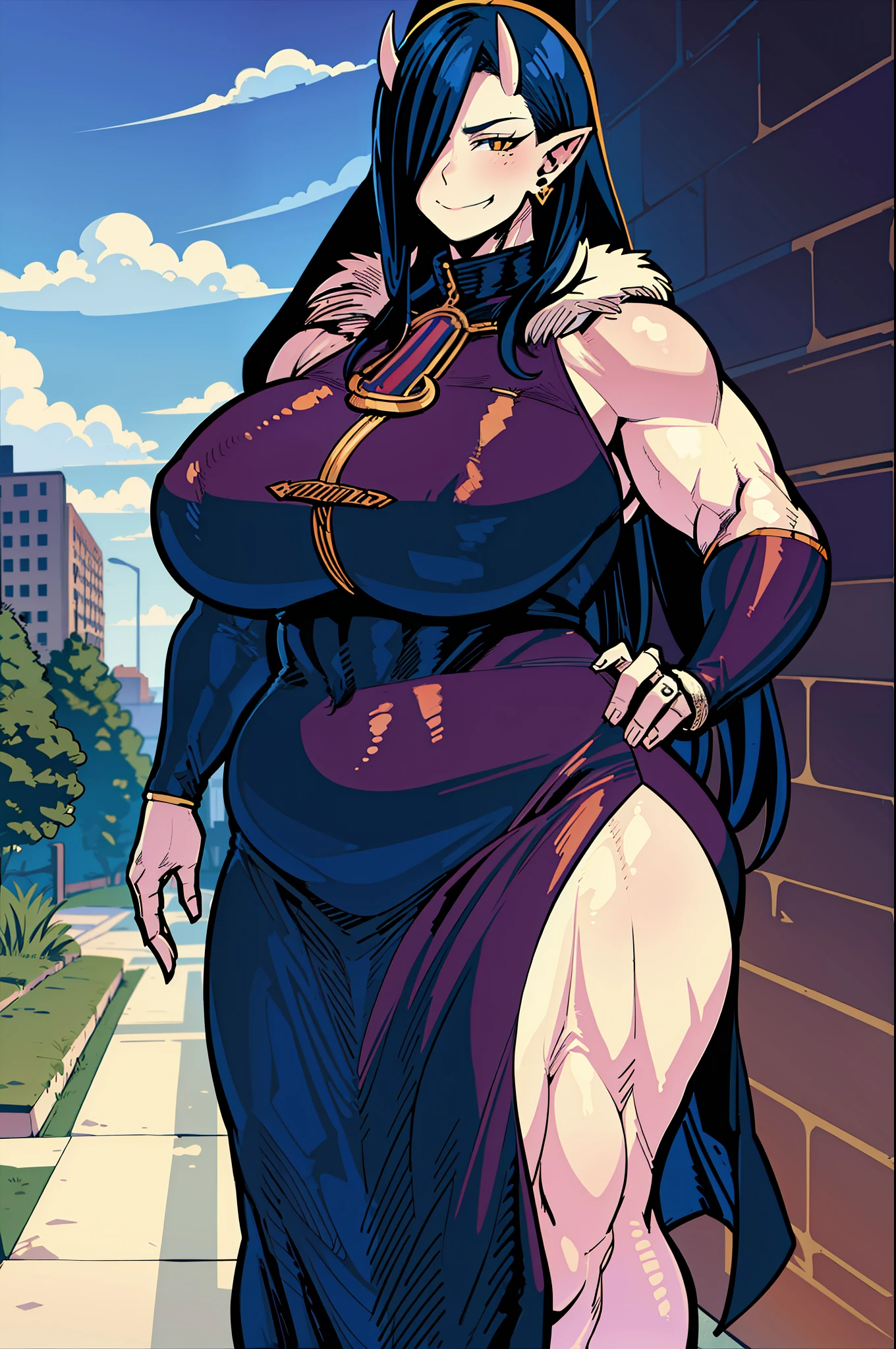 Gothic, huge chest, tall woman, curved, demon girl, long hair, christian,alone,catholic, latin cross,, forest city, plants, walking, smile, smile, ,fur clothing, wizard