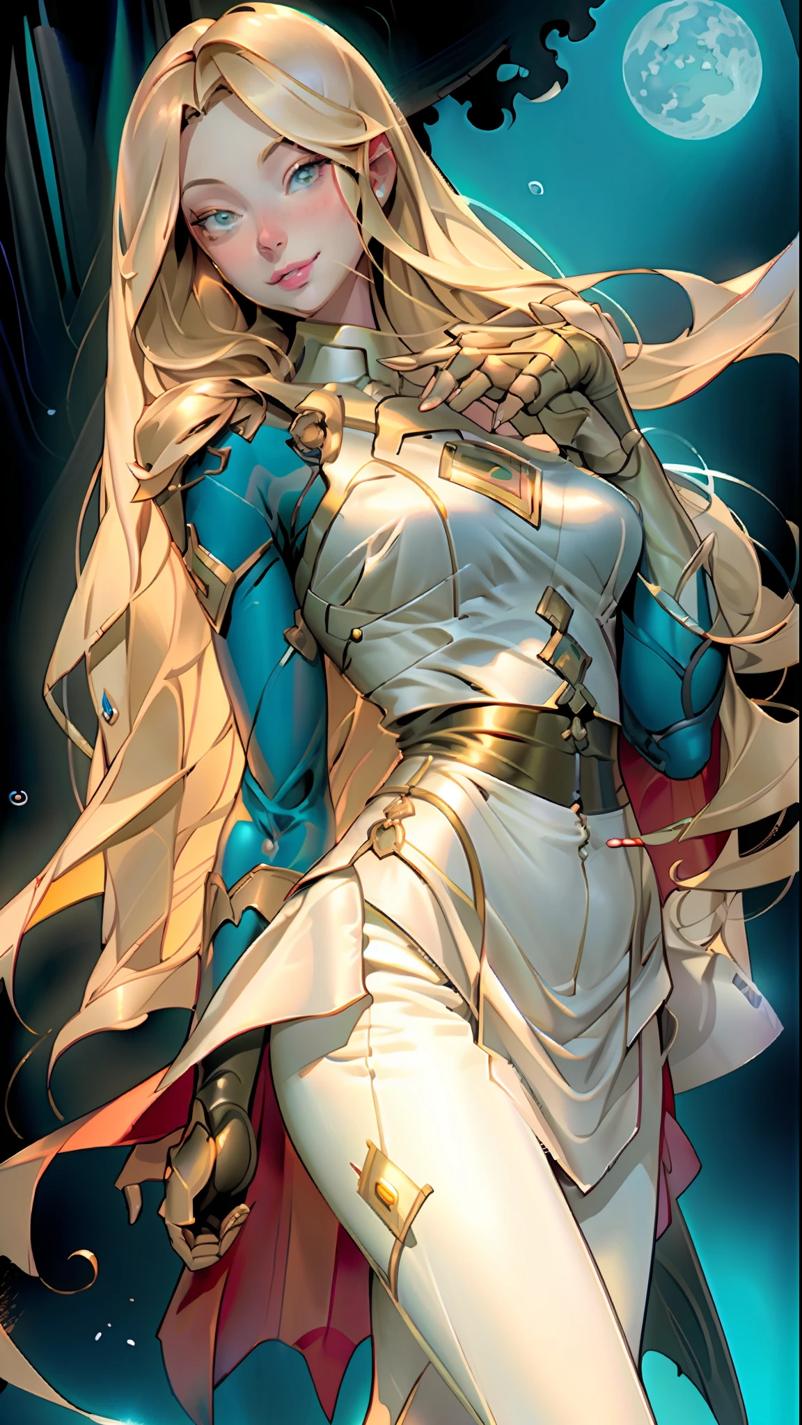 Supergirl, Adult woman with long blonde hair, thin waist, highly detailed and perfect face, perfect eyes, perfect hands with four fingers and a thumb, cinematic image of supergirl.