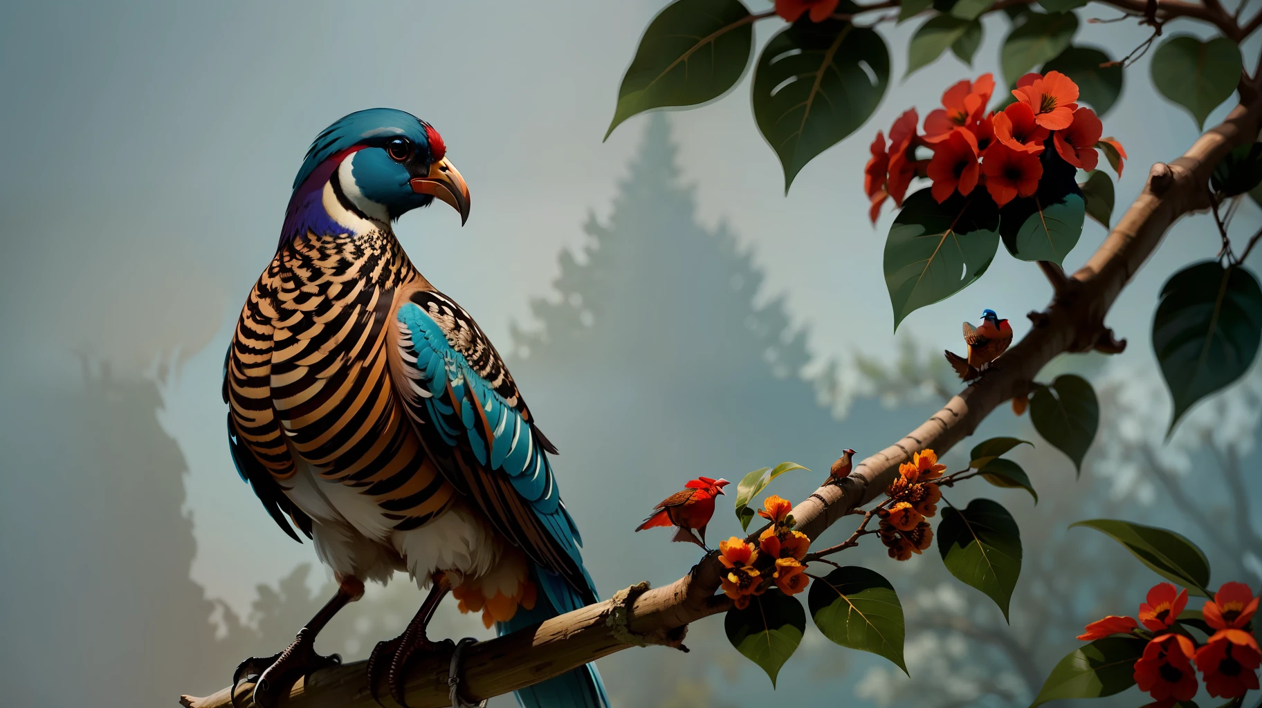 Photograph , one pheasant bird on the branch of tree , focus the bird , light blue in background , good quality, 4 k resolution,
