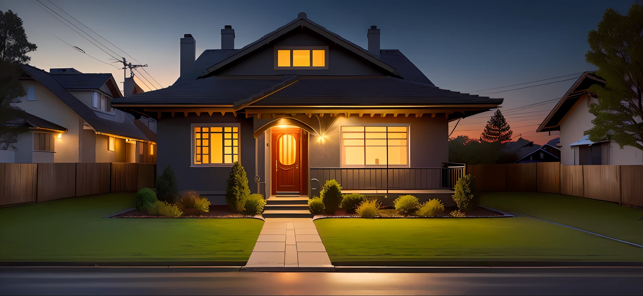 there is a bench outside of a house at night, outside view, frontview, exterior view, view from front, night view, seen from outside, front side view, at night time, at night, front-view, photo taken at night, night time scene, front view, well maintained, a wide full shot, night shot, centre image