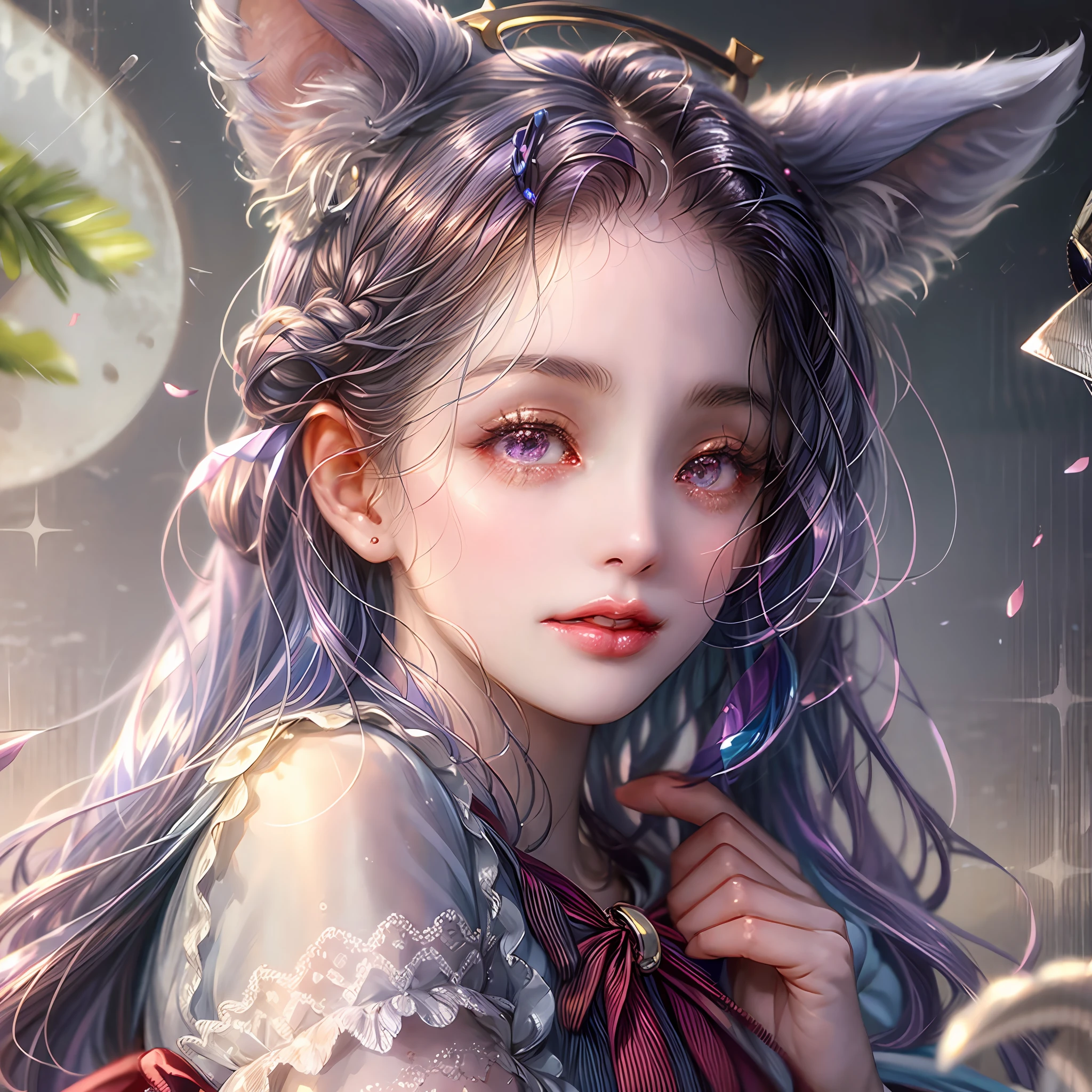 cherry blossom, cover face crying, little girl, purple eyes, gray hair , long hair, parted bangs, halo, gradient eyes, tears, sparkling eyes, fox ears, crescent moon earrings, sadness, shadow, frustration, despair, anime, anime style, rococo style, ultra hd, masterpiece, high quality, best quality, high resolution, 1080P, 16k, 1080P --auto --s2