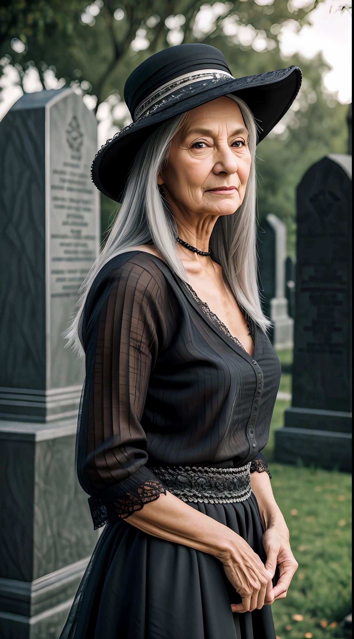 Realistic photo, ultra details, natural light Ultra detailed portrait ((1)) Elderly woman sorceress, 60 years old, thin, long gray hair, black hat sorceress, with shredded black blouse, long patchwork color skirt, whiskey glass in hand, dark background, in cemetery, photo taken full body. The illustration is in high definition in 8K resolution, with ultra detailed facial features