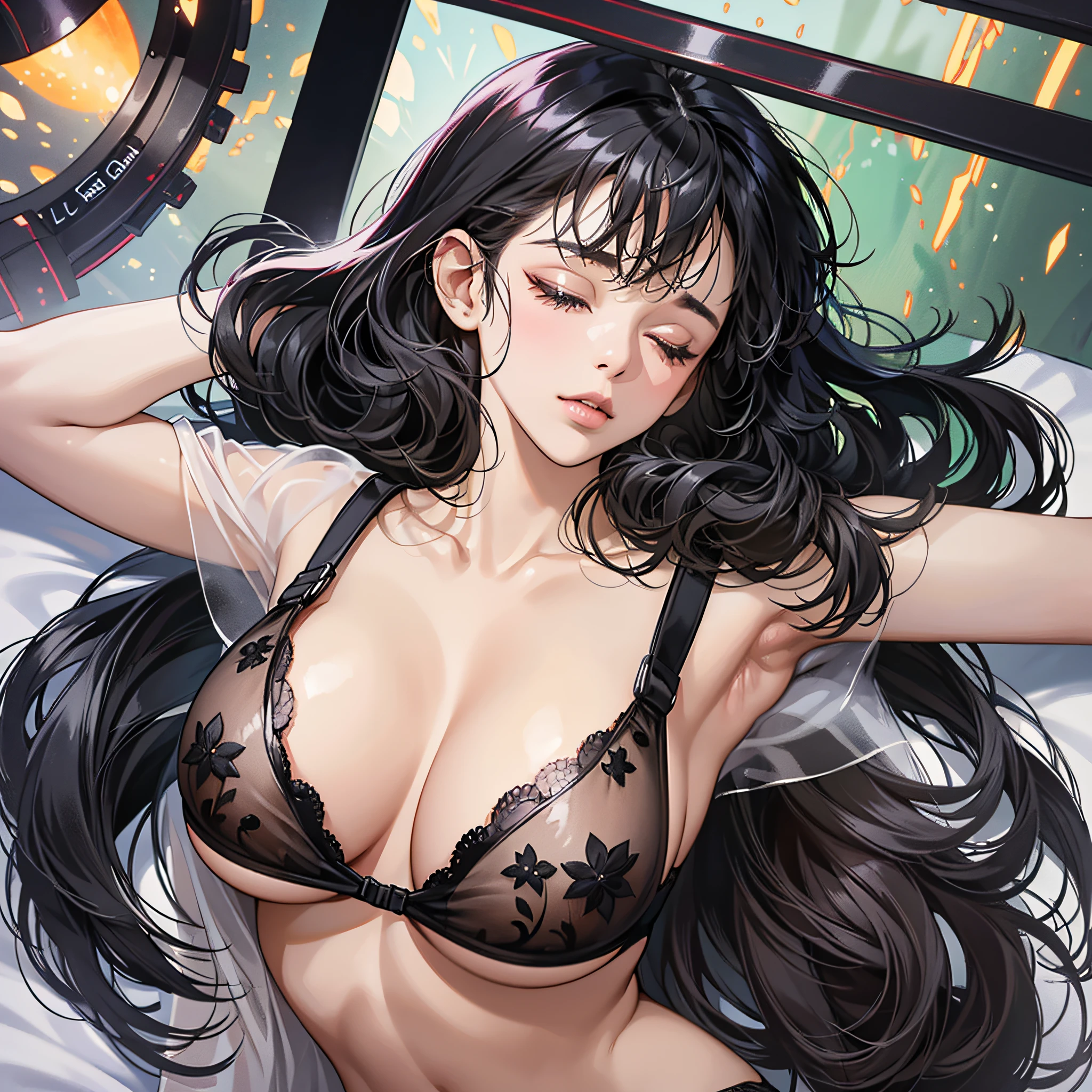 (Top Quality, 8k), One Young Black-haired Beauty, Micro Bikini Underwear, Ultra-Fine Description, Nipple Tips Protruding, Pubic Shape Clearly Visible, Legs Wide Open, ((Layer Cut, Big: 1.2)), Sleeping on the bed, See-through, Colorless transparent bra