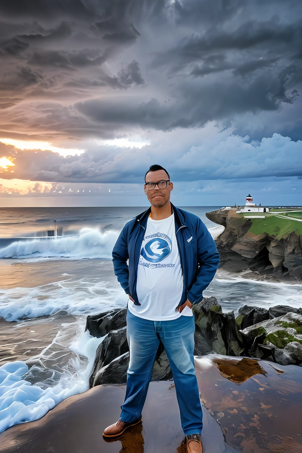 guttonerdvision5, detailed photograph of one (bespectacled man: 1.3), (storm: 1.2), (waves: 1.3), ocean, (lighthouse background: 1.3), (cowboy photo: 1.4), looking at the camera, pose for photography, realistic, masterpiece, high quality, backlighting, (lens reflection:1.1), (flowering:1.1), (chromatic aberration:1.1)