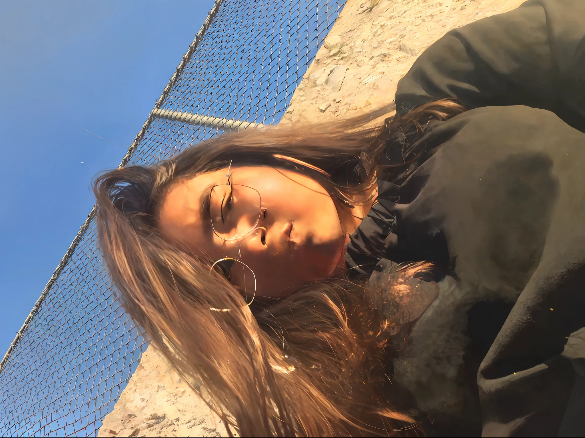 arafed woman with glasses laying on the ground with her eyes closed, profile shot, laying on the ground, profile image, laying down, in the sun, profile pic, lying on the ground, very very low quality picture, wavy long black hair and glasses, sunny day time, profile picture, shot at golden hour, lying down, head tilted down