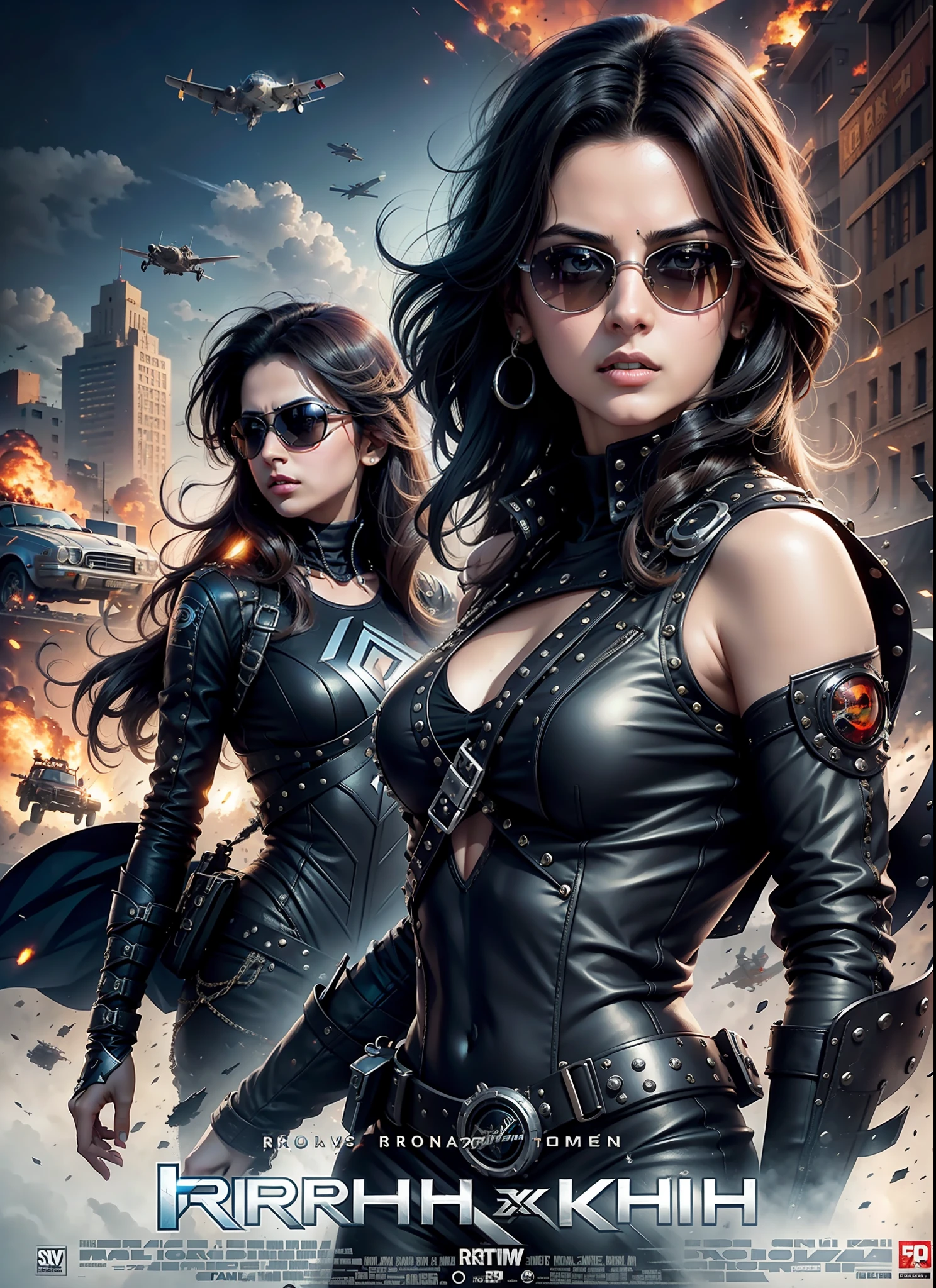 Movie poster krrish, sunglasses, rivets, girl, explosions, guns, cars, planes, just one body