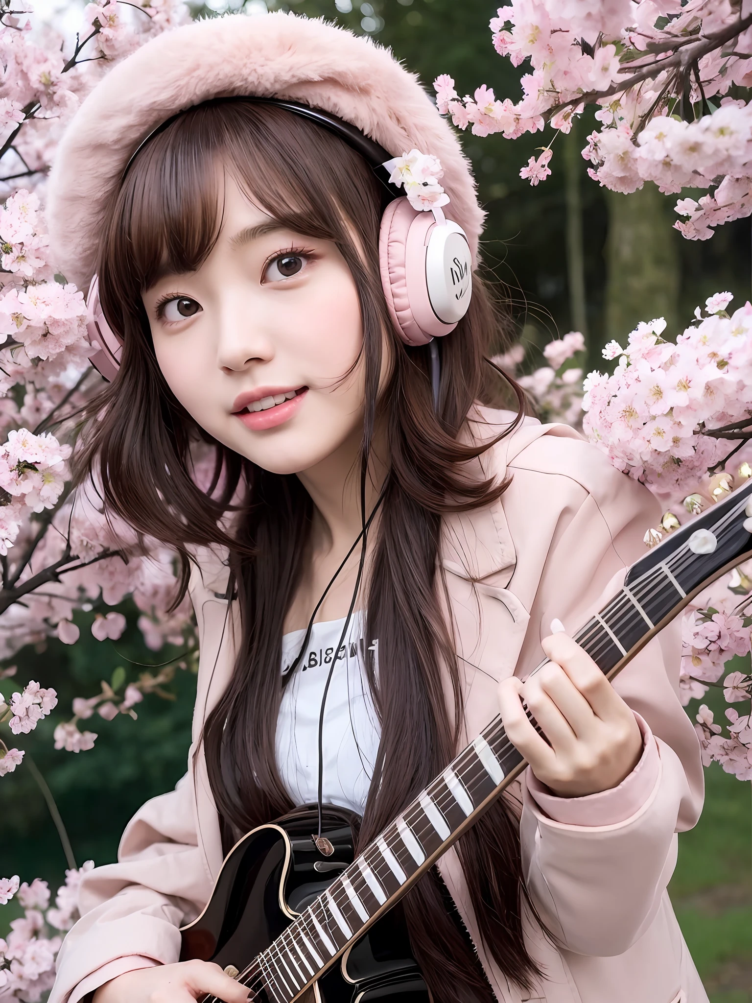 (Daisaku), (Extreme Quality), (Super Meticulous), (Full Body: 1.2), 1girl, Chibi, Cute, Smile, Open Mouth, Flower, Outdoor, Play Guitar, Music, Berets, Hold Guitar, Coat, Blush, Tree, Shirt, Short Hair, Cherry Blossoms, Green Headgear, Misty, Brown Hair, Blush Sticker, Long Sleeves, Bangs, Headphones, Brunette Hair, Pink Flower, (Beautiful Delicate Face), (Beautiful Delicate Eyes),