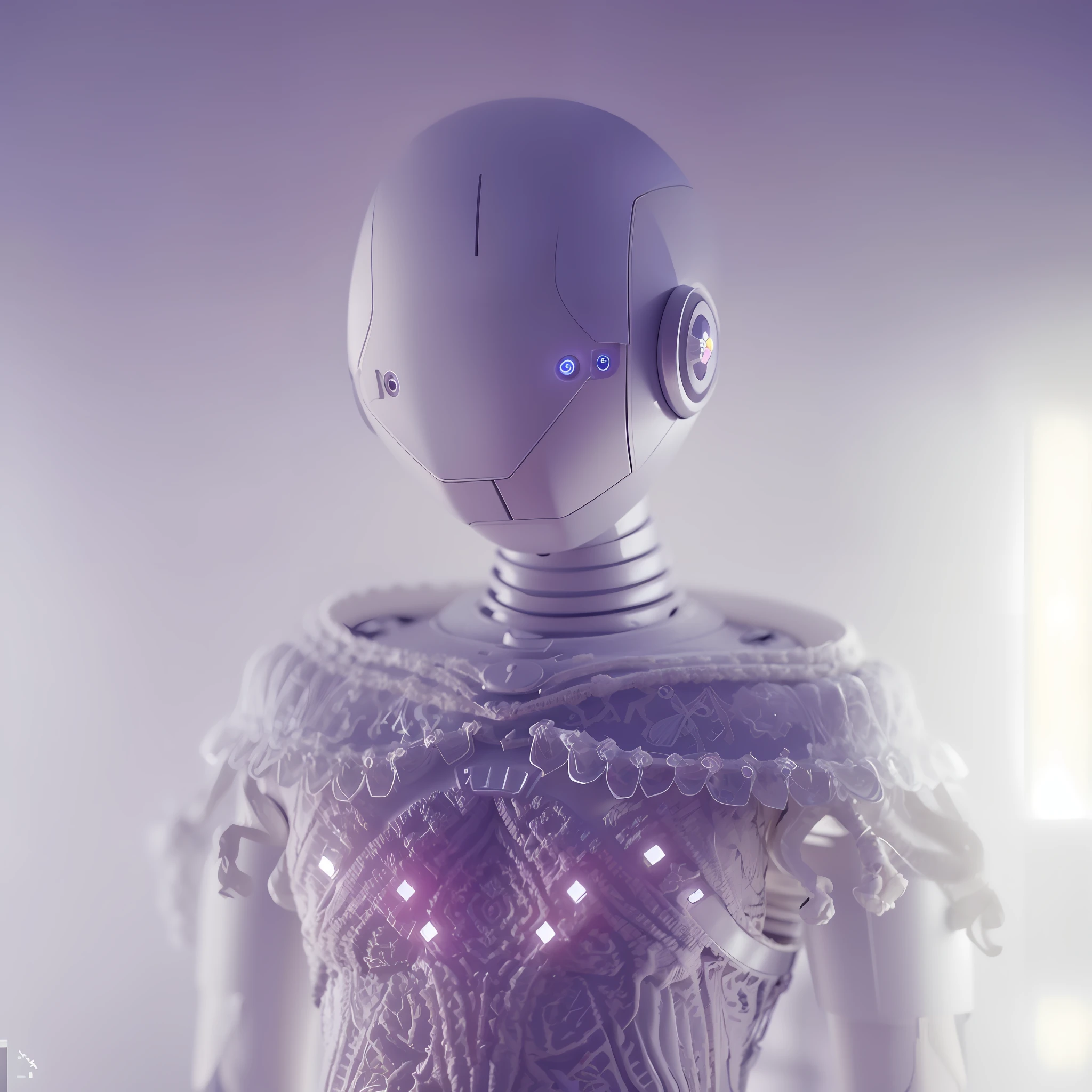 There's a robot that's standing in a room in a choche dress, beautiful octane rendering, detailed humanoid, intricate art. octane render, amazing octane render, white cyborg fashion shot, futuristic robot body, cyborg porcelain, soft 3d render, created in octane render, intricate 8 k render, insanly detailed octane render, aesthetic octane render, super render in octane, soft render