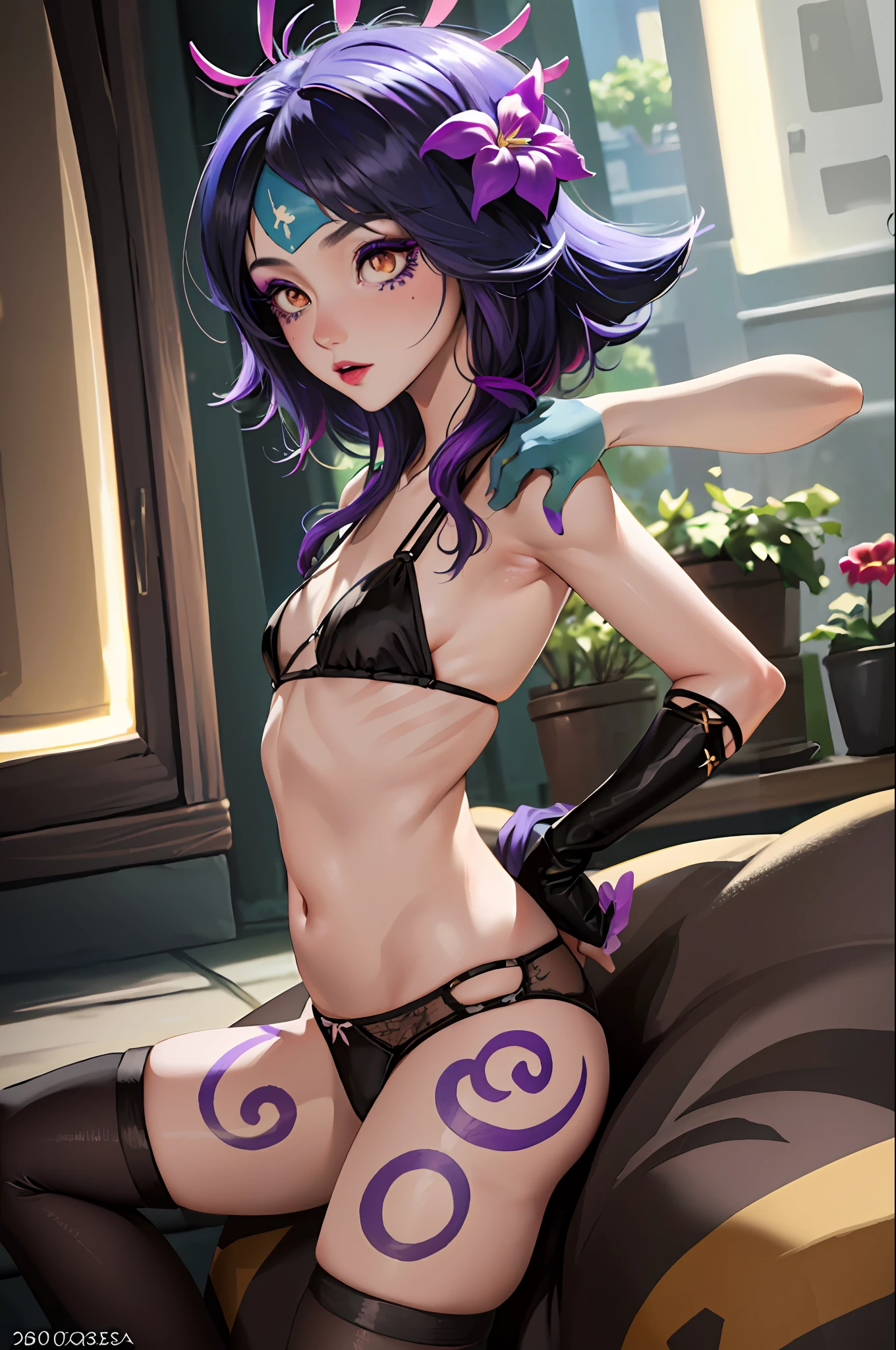 ((Cinematic light, Best quality, 8k, Masterpiece :1.3)), 1girl, Beautiful woman with thin abs :1.4, (purple hair, small breasts :1.3), rope panties, bra :1.2, hopefully falling, seductive open lips, sofa, ultra-detailed face, detailed eyes, double eyelidwork, best quality, Neeko, hair ornaments, hair flower, body painting, calango tail, trying to be sexy,(( nun habit)), ((goth)),mini nun habit, showing sweaty armpits, steamy, sexual teasing, ((showing flat belly)), fight position, hands shining purple, (((black makeup))),