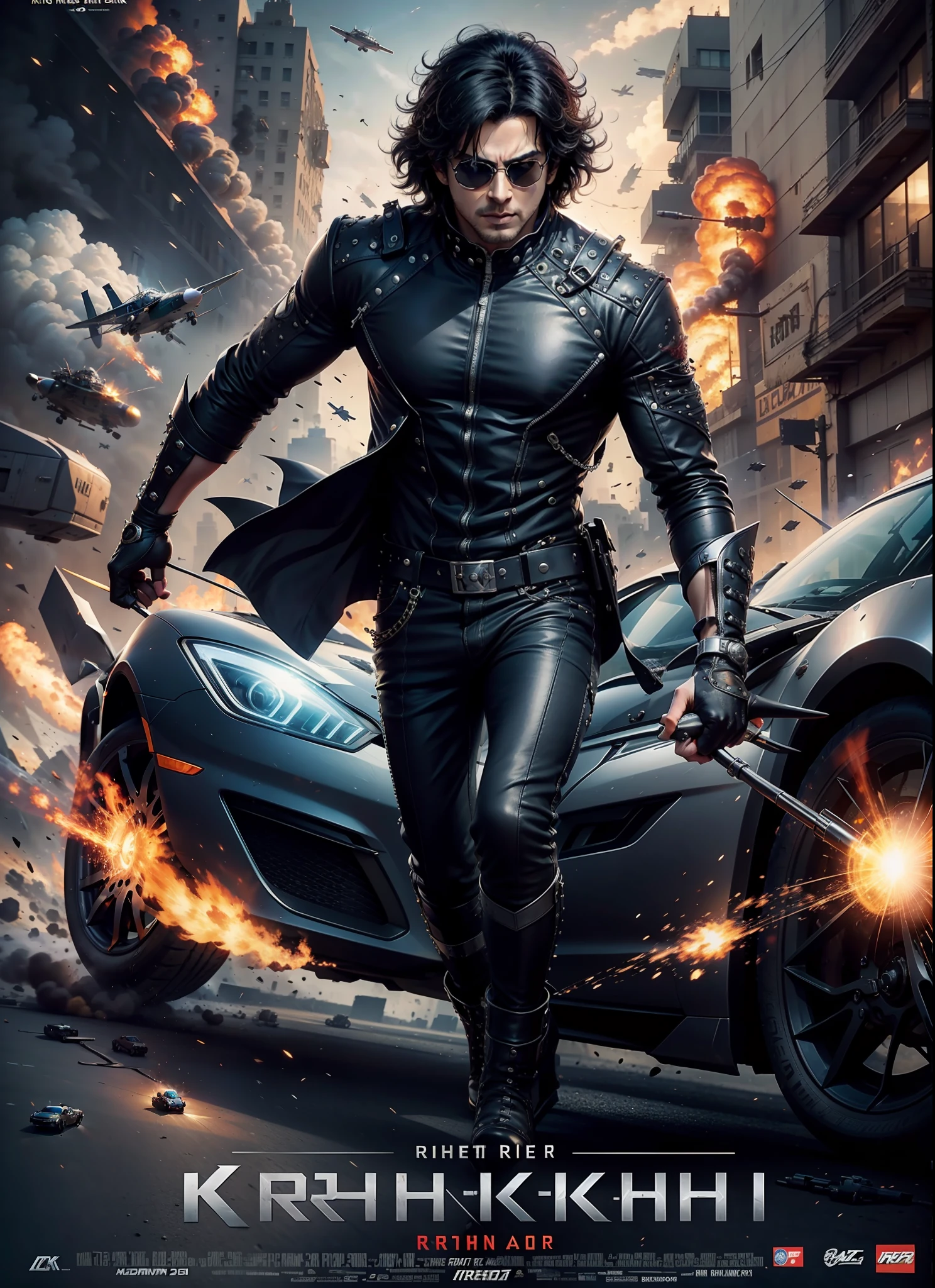 Movie poster krrish, sunglasses, rivets, explosions, guns, cars, planes, just one person