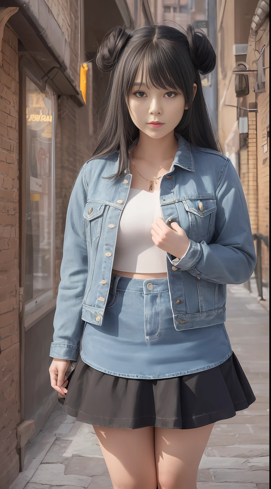 28-year-old girl, cute type, medium long hair, oblique bangs, slightly chubby round face, beautiful black big eyes, high nose, thick nose, thick nose, cherry cute small mouth, slightly chubby body, medium breasts, denim small jacket, black short skirt, black high heels, beautiful scenery