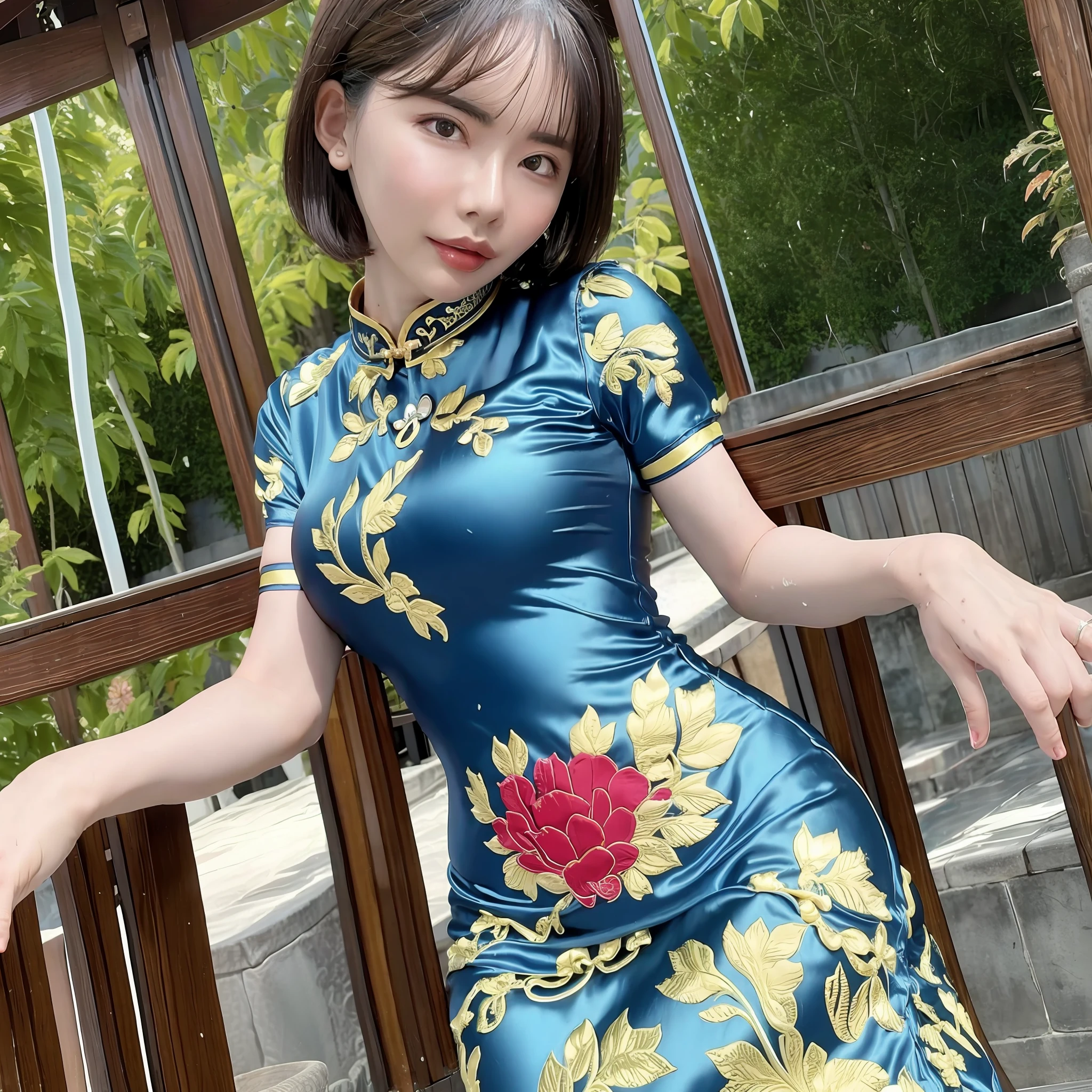 Best quality, best image quality, highest resolution, super detail, china clothes, short sleeve cheongsam, cheongsam material is satin, shiny and soft and smooth to the touch, tight cheongsam, no underwear is worn, Chest is C cup, full body shooting so that the face can also enter, the subject is alone, taken outdoors, soaking wet, sweaty,