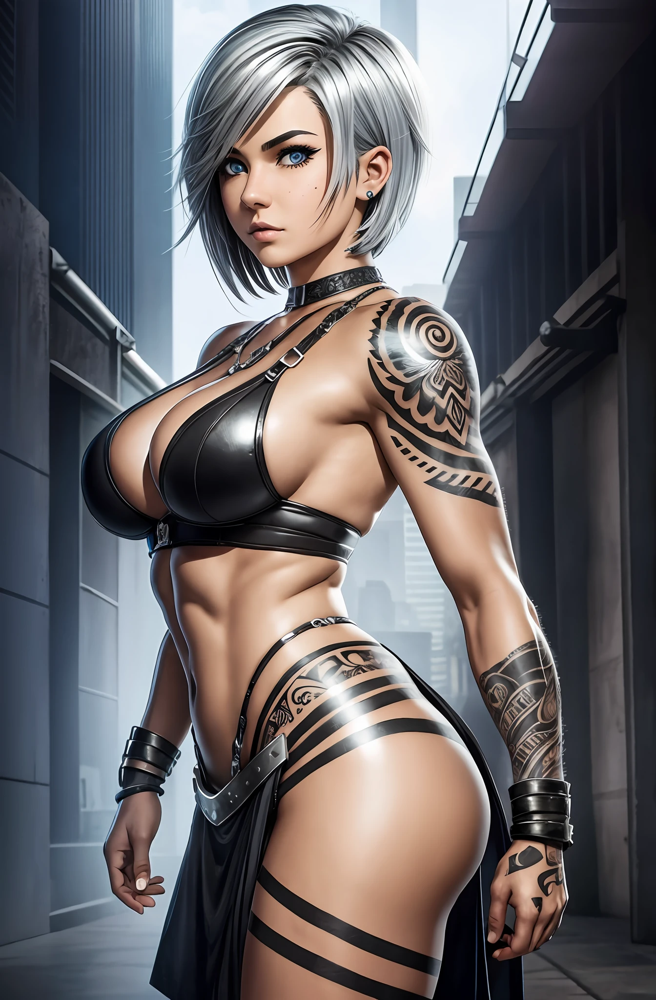 short hair, silver-black gradient hair color, tattoo, muscles, naughty face, moles under the eyes, age female, happy, warrior, valkyrie, first-person view, full body view, panorama, 8k, super detail, super detail, textured skin, big boobs, big ass, best quality, very detailed, delicate beauty, very detailed, surreal,