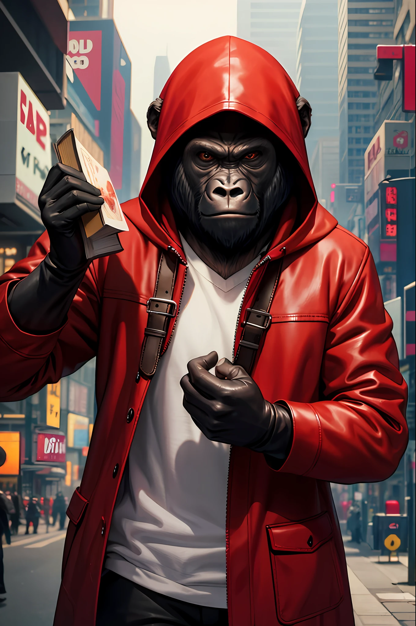 masterpiece, best quality, photorealistic ,fashionmonkey, gorilla, blurry, book, cable, cyberpunk, gloves, red coat, holding, hood, solo,