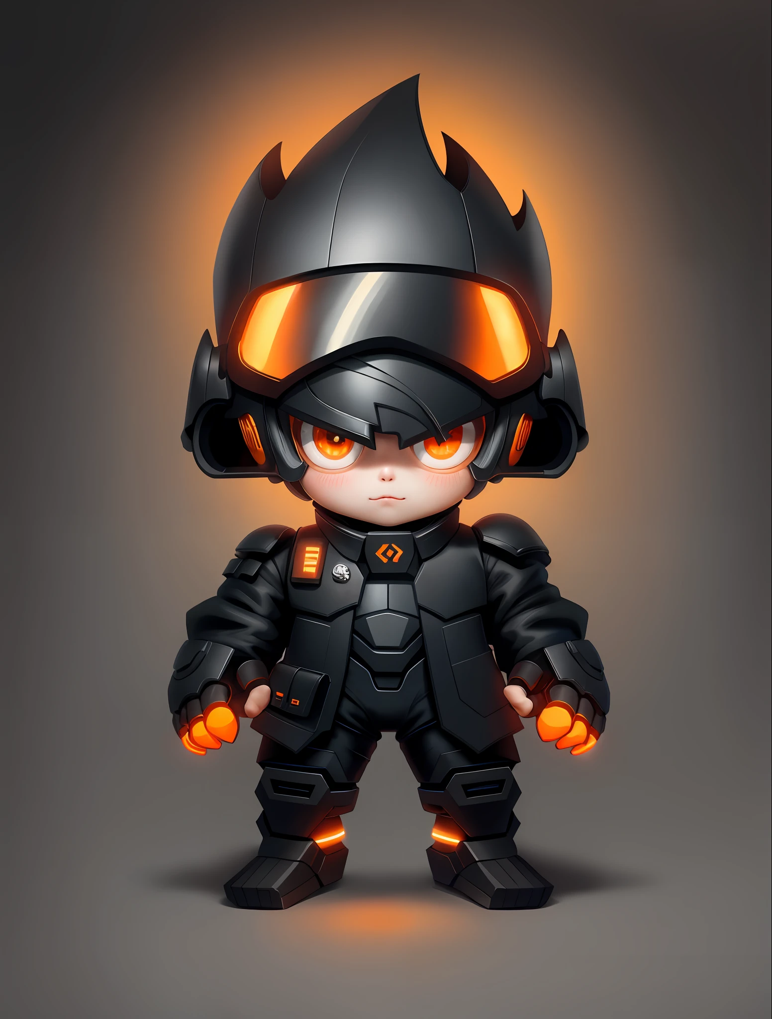 1boy, solo, orange eyes, glowing, standing, full body,joints, helmet, chibi,Dark tights, rich in details,black background,Orange fittings,Black jacket,Black tights,Gray armor,