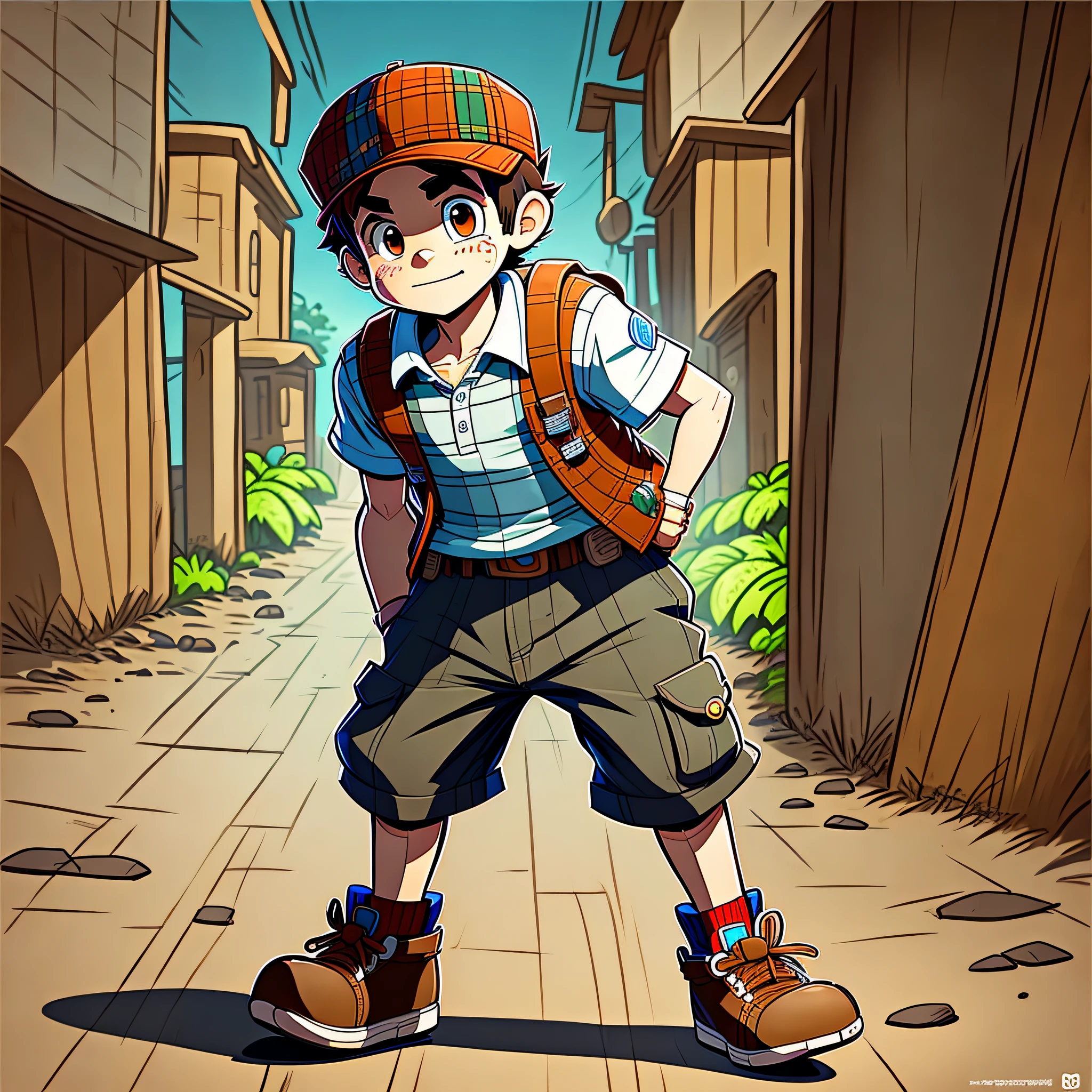 m cartoon of a boy with a hat and a plaid shirt, el chavo, el chavo del ocho, cartoon image, official art, inspired by Junpei Satoh, animation character, character with brown hat, cartoon character, rocco, character name is chad, cartoon style, official character art, boy scout,  Full body character, Patrick --auto --s2