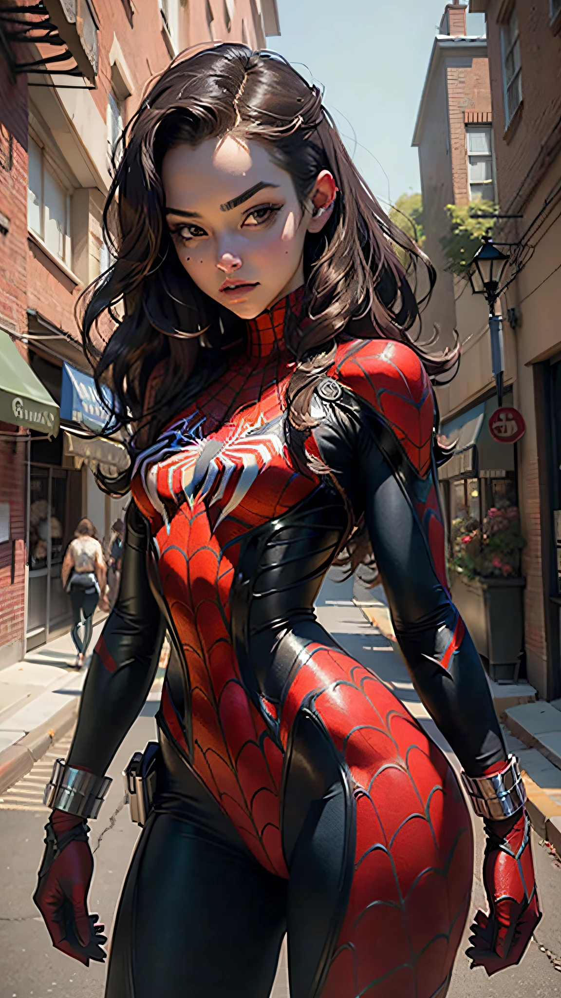 Beautiful woman detailed defined body using spider man cosplay, small breasts