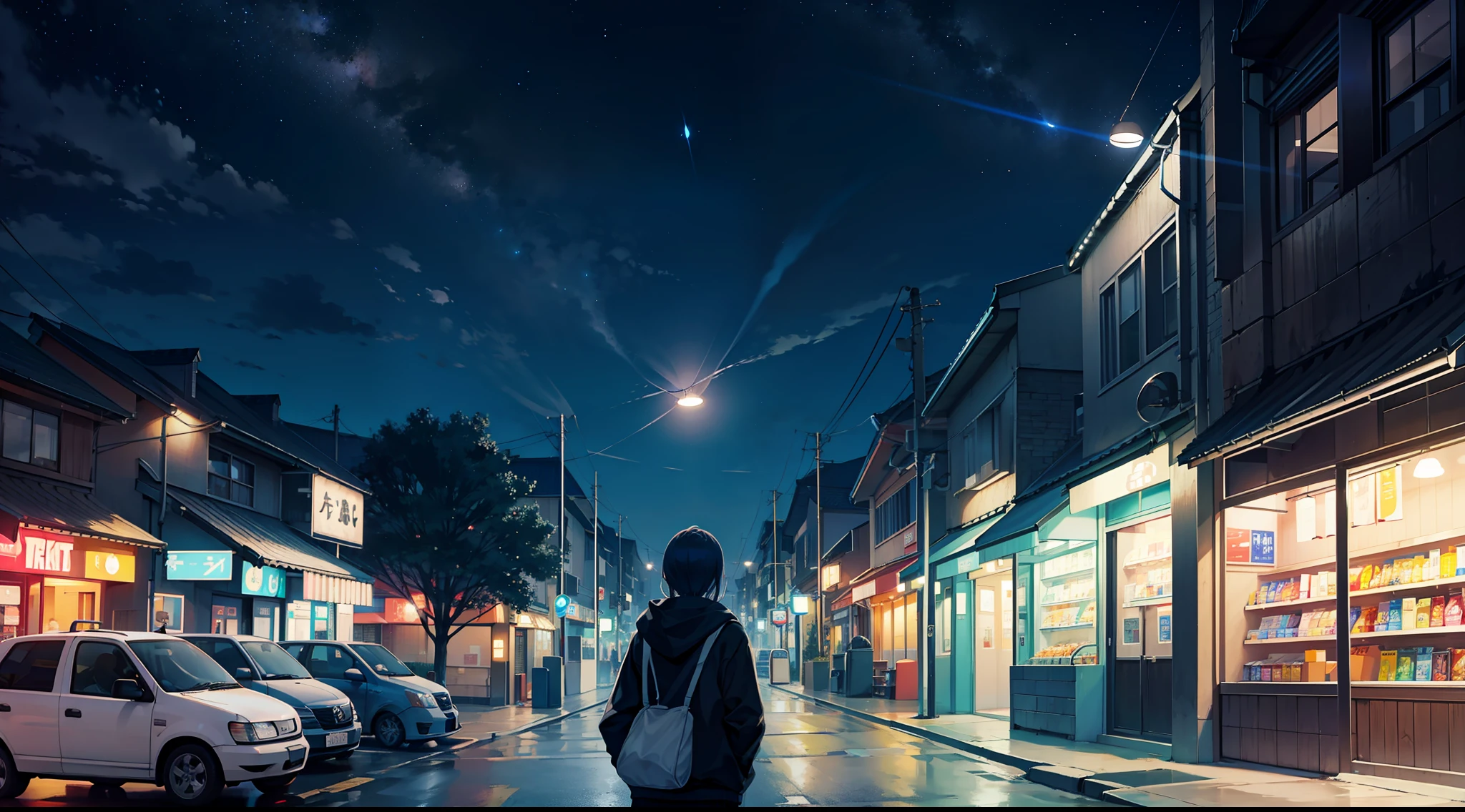 midnight.walk,electric light,outing,night,dark,beautiful girl,residential area,hoodie,convenience store