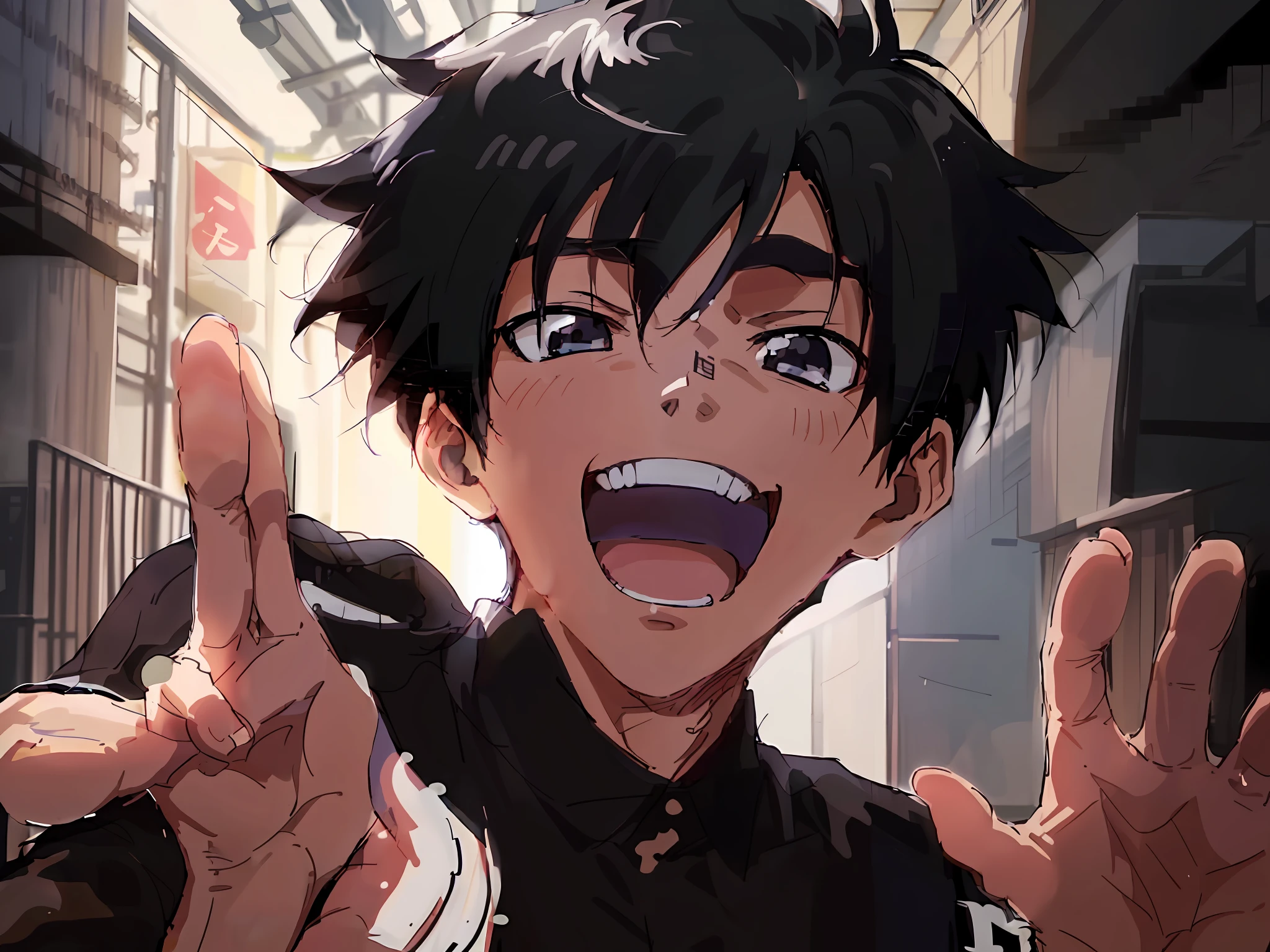 Anime boy with black hair and black shirt making funny faces, reaching for something and expressing joy. Authors: Krentz Kusaud, Ross Tran!!!, Ross Tran style, [[[grin]]], High quality anime art style, Anime CGI style, Anime boy, Shinji, Crazy Smile, Ilya Kuvkhinov. 4 K, big smile