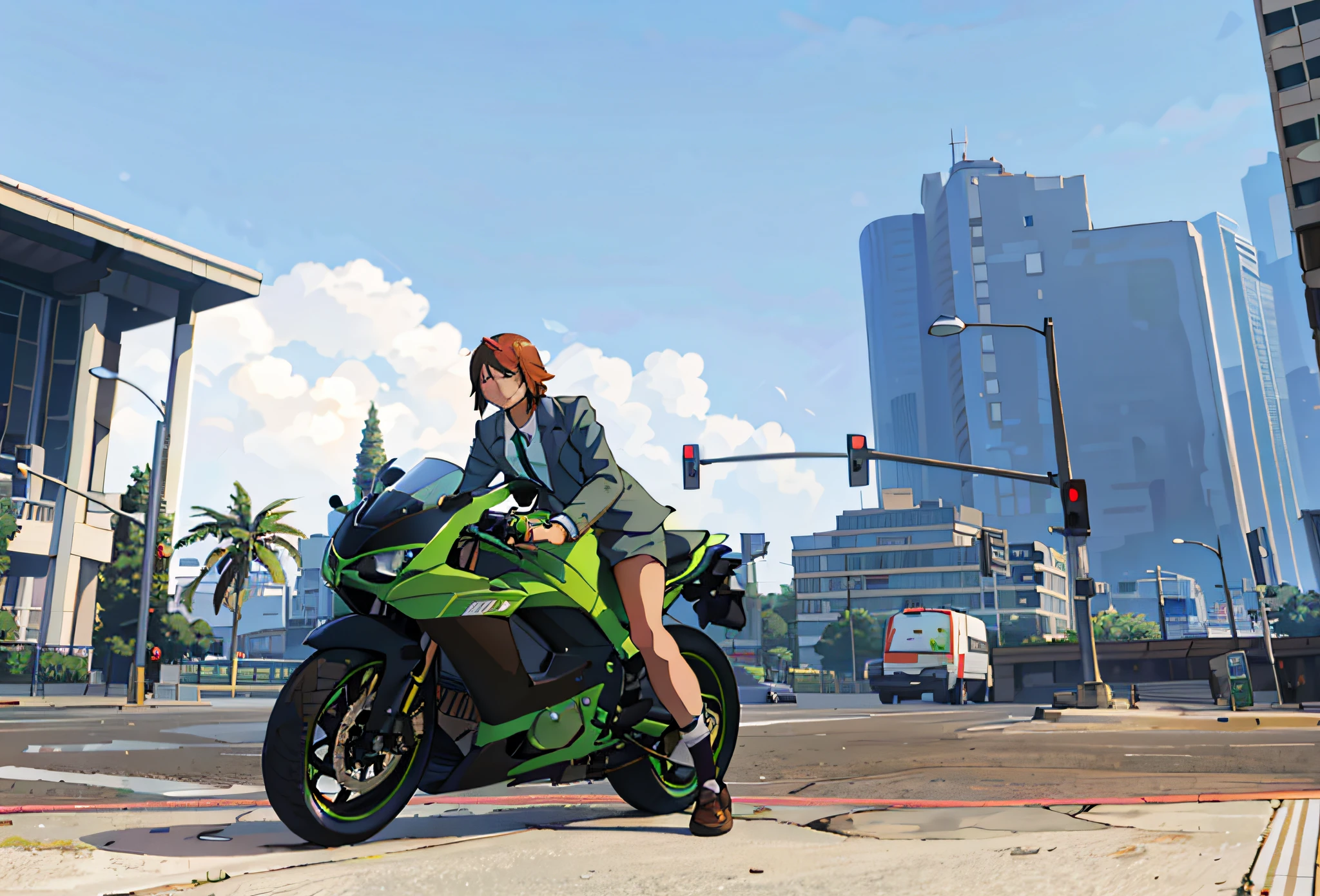 (best-quality:0.8), (best-quality:0.8), perfect anime illustration, riding a green motorcycle, city background, blue sky and white clouds, suit JK beautiful girl, traffic light, street