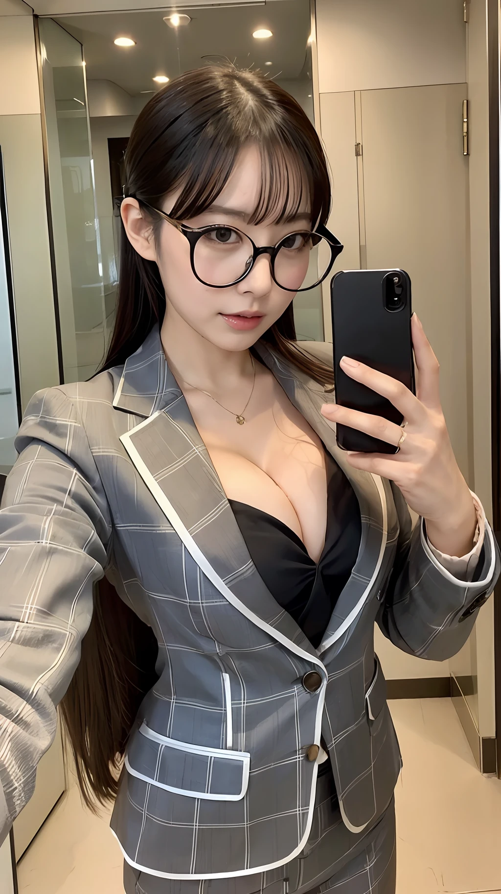 Japan woman in recruit suit and big glasses taking selfie while showing cleavage --auto --s2