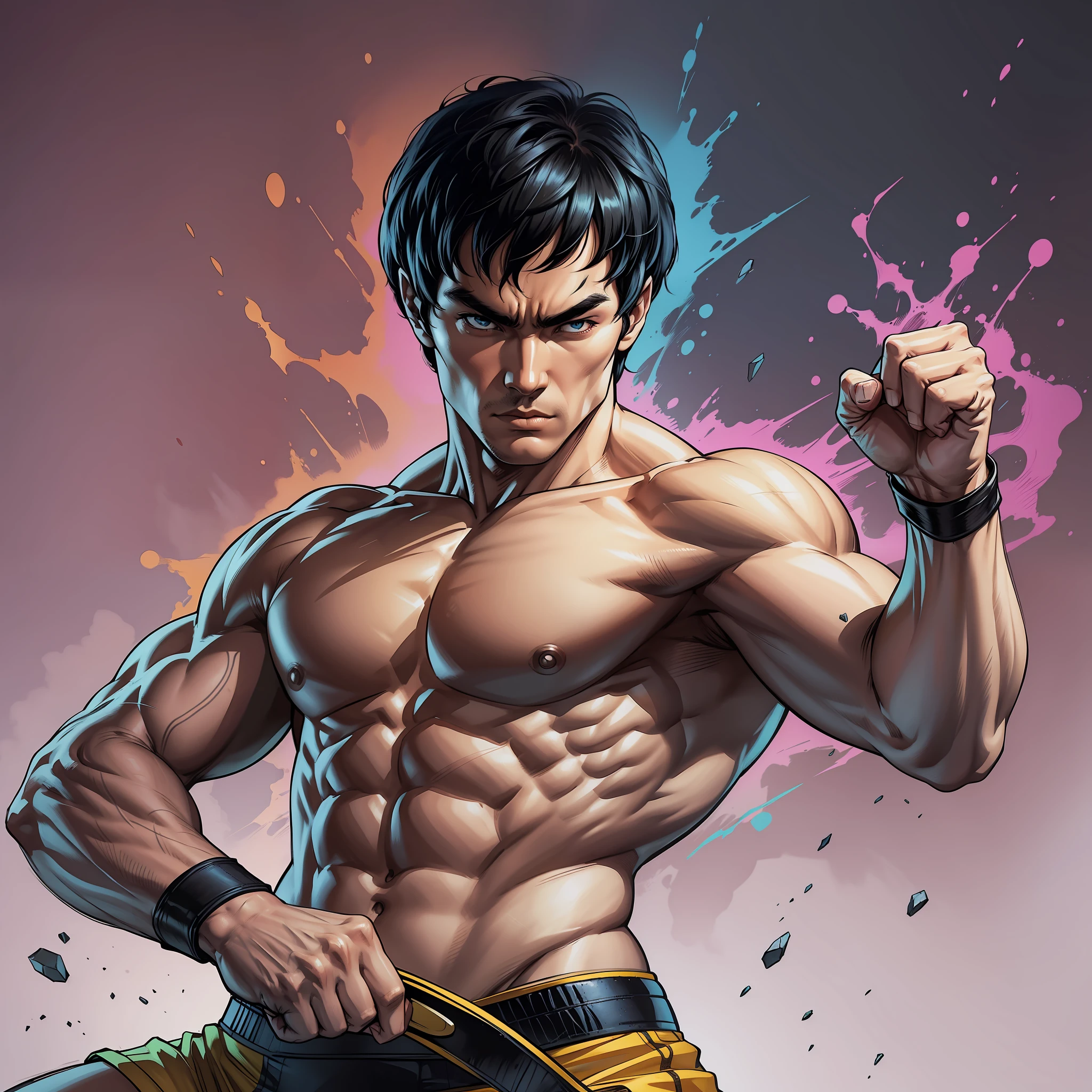 the legendary martial artist Bruce Lee in a dynamic pose, ready for action. He stands in front of a vividly colored background, with his fists clenched and his muscles taut. The level of detail in the image is stunning, from the texture of his clothing to the intensity of his gaze. The colors are vibrant and eye-catching, drawing the viewer's attention to the central figure.\ --auto --s2