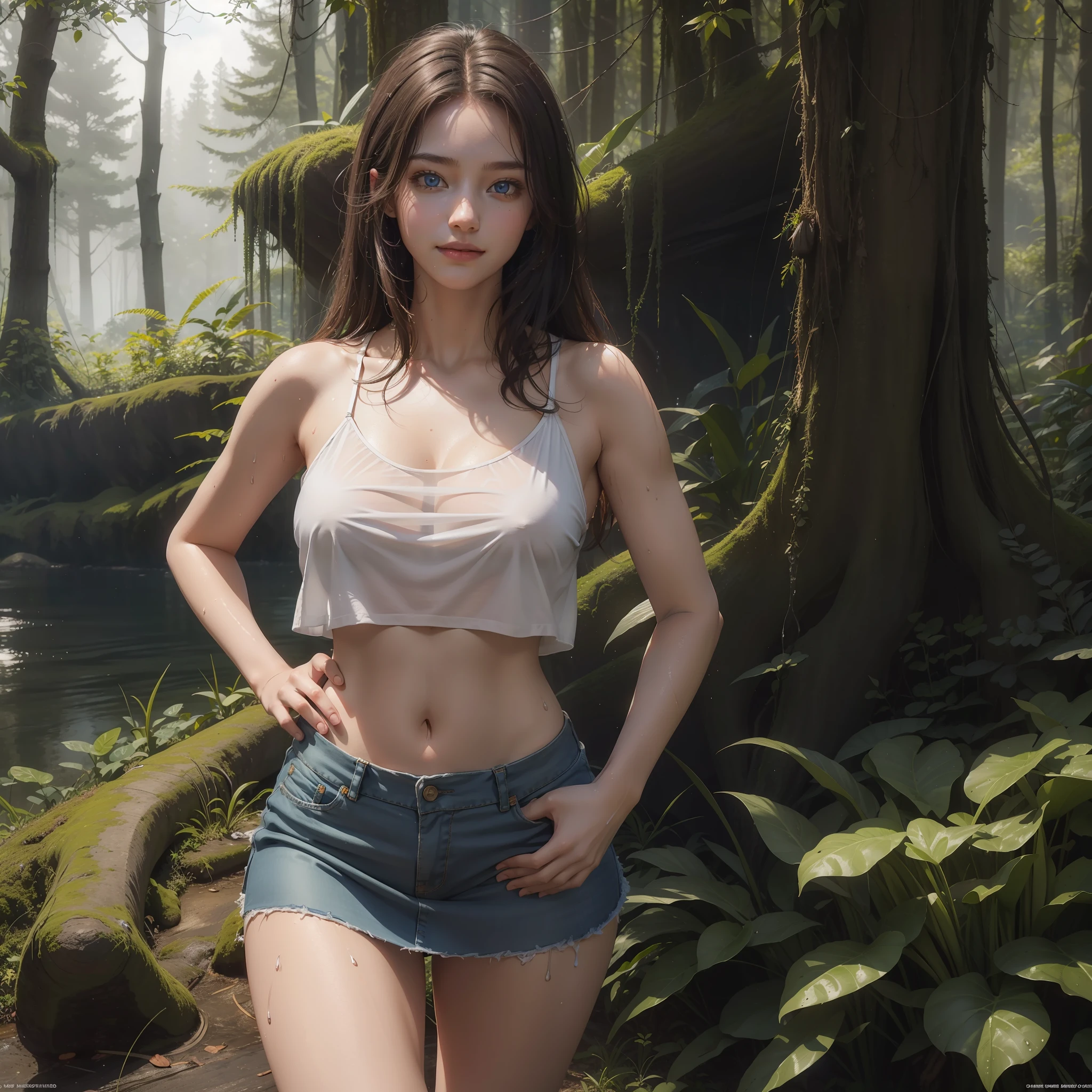 Only one girl, front-facing, sexy, hands on hips, grinning, girl undressed, open legs, super detail of a woman with beautiful profile, wet clothes, cutter shirt, camisole, no bra, short skirt, panties, tan, sweat, flushed, half-dressed disheveled clothes, smile, white teeth, changing clothes, wide hips, thick thighs, shoulders, in the woods, , (big: 5.0), Watch the viewer, navel, brown skin, blonde, blue eyes, 150 mm, vivid details, surreal, elegant, octane rendering, HR giger style, 8k, top quality, masterpiece, illustration, very delicate and beautiful, highly detailed wallpaper, (realistic, photorealistic: 1.37), amazing, fine details, masterpiece, top quality, official art, Highly detailed CG Unity 8k wallpaper, absurd, incredibly absurd, full body