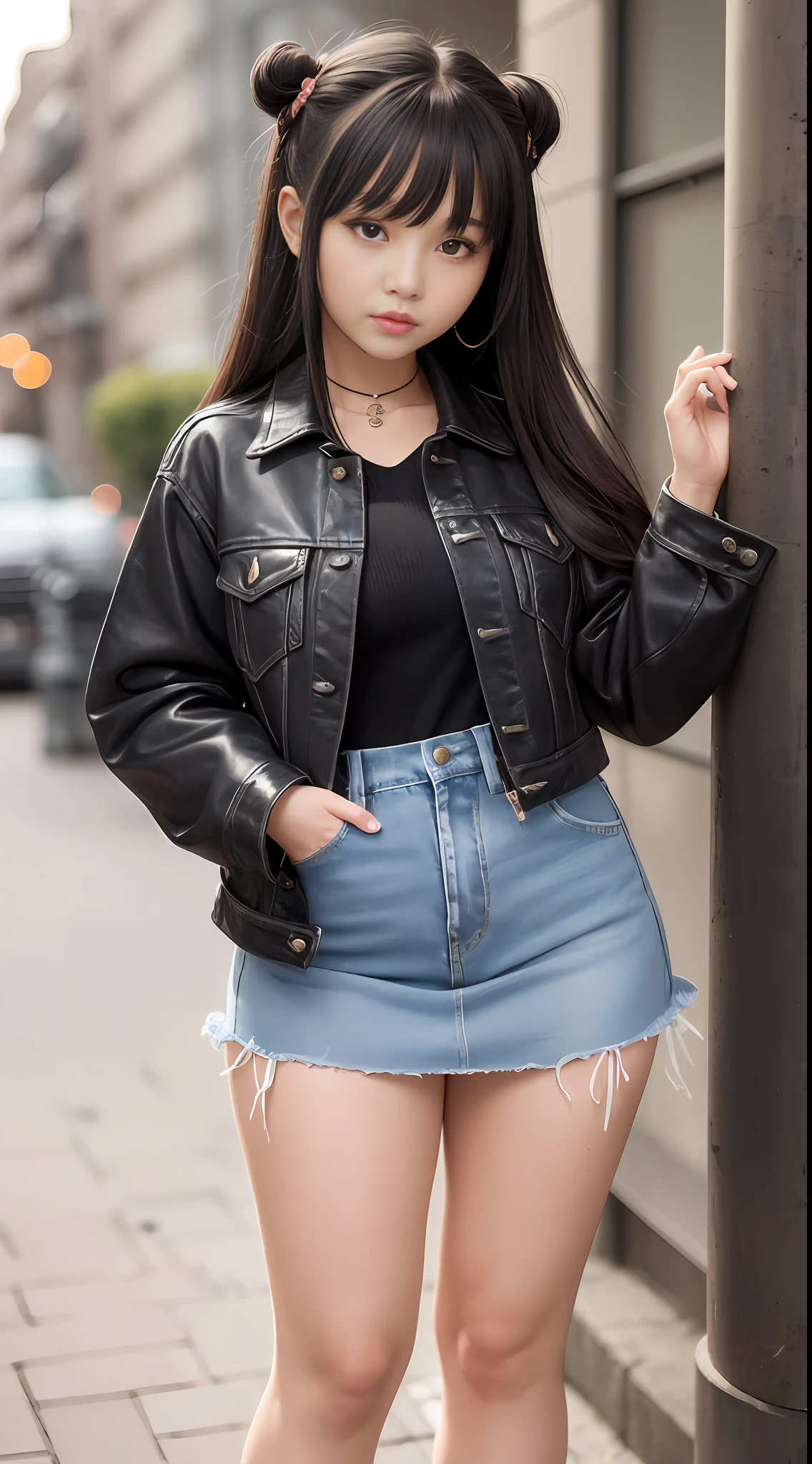 28-year-old girl, cute type, medium long hair, oblique bangs, slightly chubby round face, beautiful black big eyes, high nose, thick nose, thick nose, cherry cute small mouth, slightly chubby body, medium breasts, denim small jacket, black short skirt, black high heels, beautiful scenery