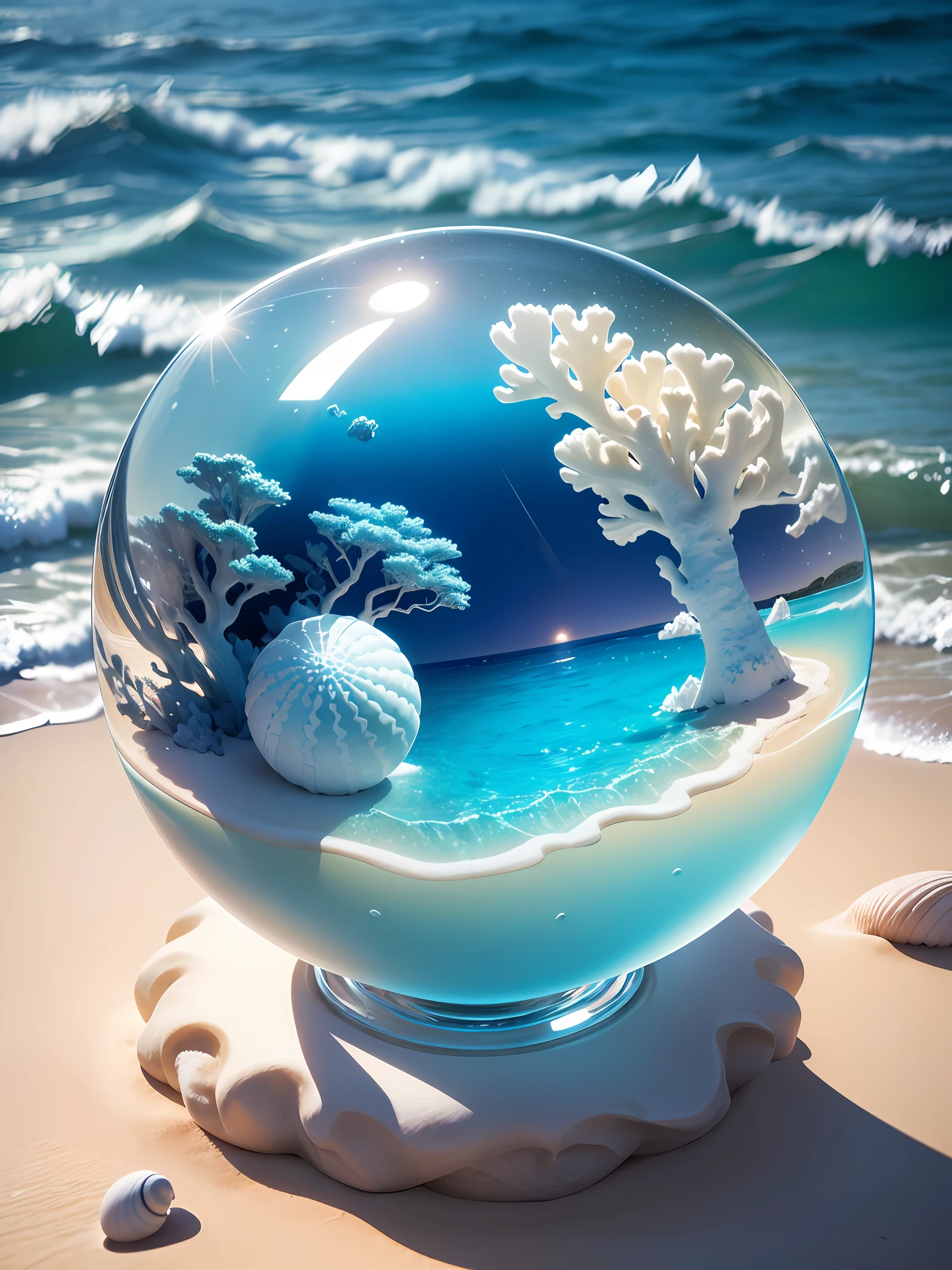 Ultra-realistic, 16K high resolution, (Max Sharp Focus: 1.3), (Max Close-up: 0.5), (Sandy beach trapped in a crystal perfect ball with pedestal on table: 1.7), (Blue waves, white sand, seashells, coral reefs: 1.3)
