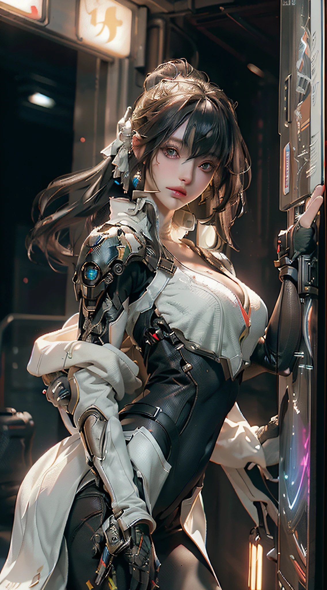((Best quality)), ((masterpiece)), (detailed:1.4), 3D, an image of a beautiful cyberpunk female,HDR (High Dynamic Range),Ray Tracing,NVIDIA RTX,Super-Resolution,Unreal 5,Subsurface scattering,PBR Texturing,Post-processing,Anisotropic Filtering,Depth-of-field,Maximum clarity and sharpness,Multi-layered textures,Albedo and Specular maps,Surface shading,Accurate simulation of light-material interaction,Perfect proportions,Octane Render,Two-tone lighting,Wide aperture,Low ISO,White balance,Rule of thirds,8K RAW,