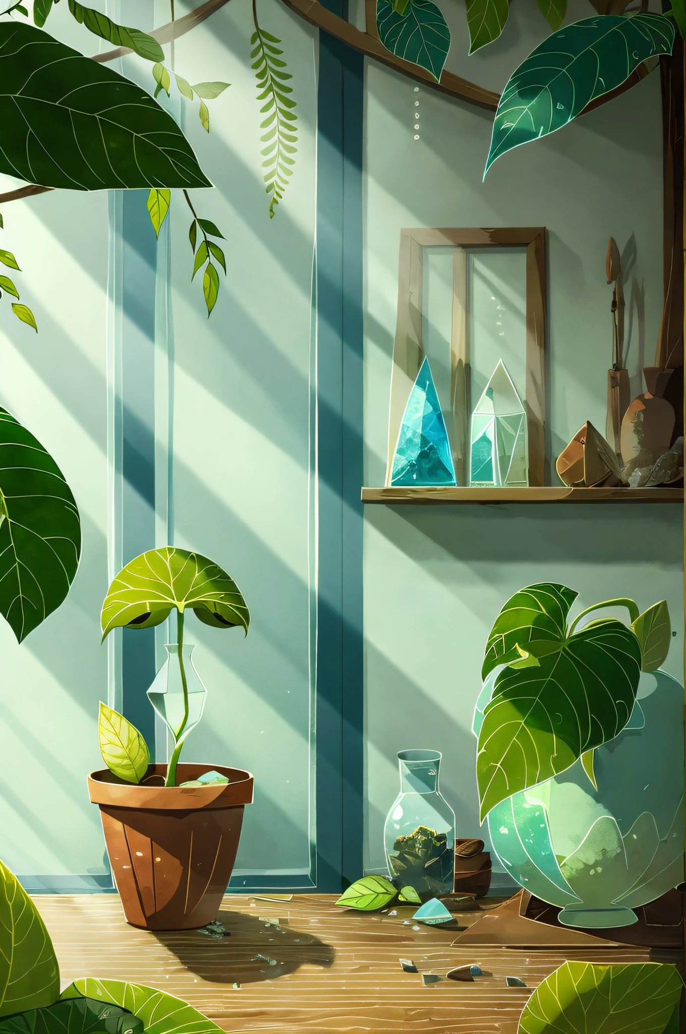 (masterpiece), (best quality), HDR, Song of the Sea,
(Plant sheds:1.3), indoor, glass, Clear light, crystal, ethereal, Dappled shadows of leaves,
Cartoon, texture, 2d illustration, high contrast, outlines, (minimalism),