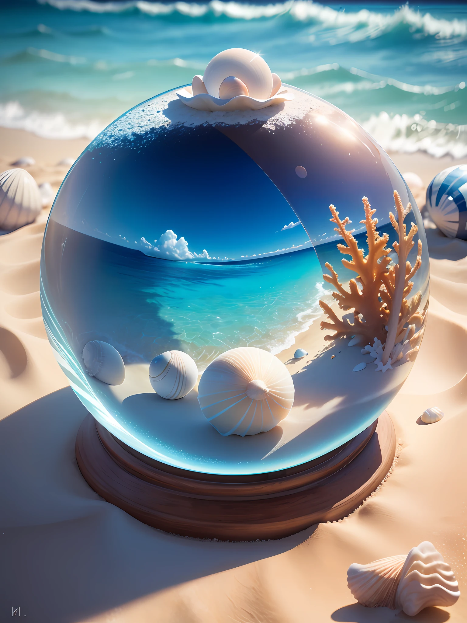 Ultra-realistic, 16K high resolution, (Max Sharp Focus: 1.3), (Max Close-up: 0.5), (Sandy beach trapped in a crystal perfect ball with pedestal on table: 1.7), (Blue waves, white sand, seashells, coral reefs: 1.3)