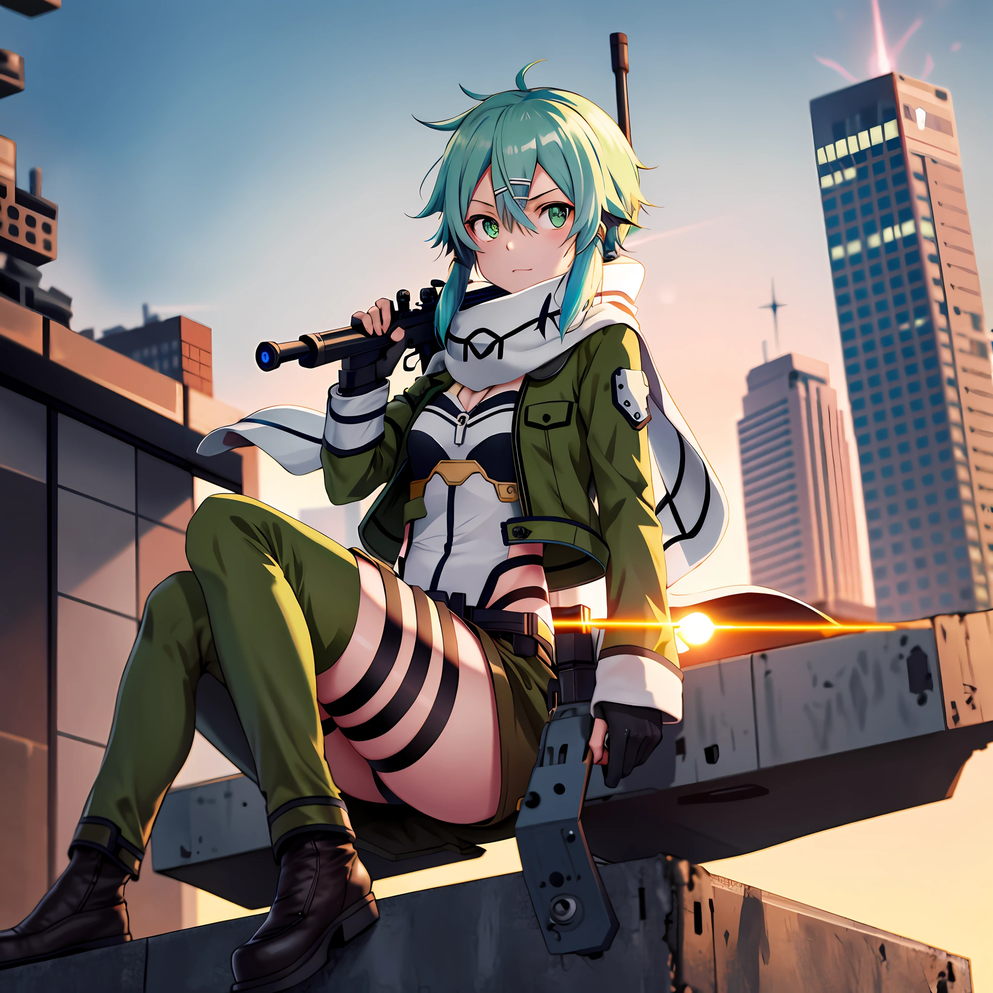 masterpiece, best quality, highres, 1girl, sinon1, scarf, fingerless gloves, long sleeves, short black shorts, hair ornament, hairclip, green thighhighs, green jacket, thigh strap, cowboy shot, holding weapon, sniper rifle, ruins, sitting, (sword art online), scoping, using the sniper, holding the sniper rifle, looking in scope, looking into the sniper rifle scope, shooting, hdr, urban, rooftop, collapsed buildings, war, catastrophe, disaster, serious, cold, glowing eyes, superpower, focusing, focus, bullet, shooting, barrel flash, explosion, firing, firing her sniper rifle, firing her gun, gunshot, pervert, cute, chaotic, full body, sitting, straight legs