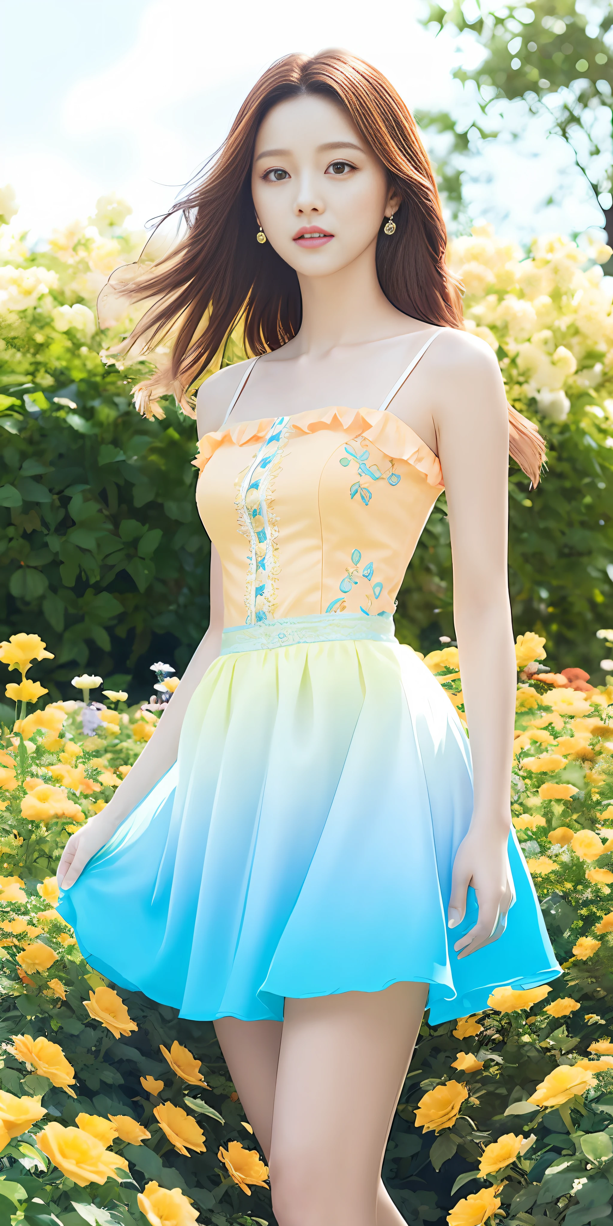 [White:Blue:0.45] Themes, Masterpieces, Maiden Masterpieces, Detail Visual Arts, Brown Eyes, Sky Blue Hair, Long Hair, Clavicle, Royal Princess, Elegant, Gorgeous Adult Dresses, Detail Cascade Skirts, [Detail Ruffles:0.1], [Detail Ruffles:0.1], Embroidery, [Detail Princess Dress:0.1], Bare Shoulders,, Open Crotch, Thigh seam, garter, groin, [NSFW|uncensored], (Gradient background: 1.1), low wings, flower garden background