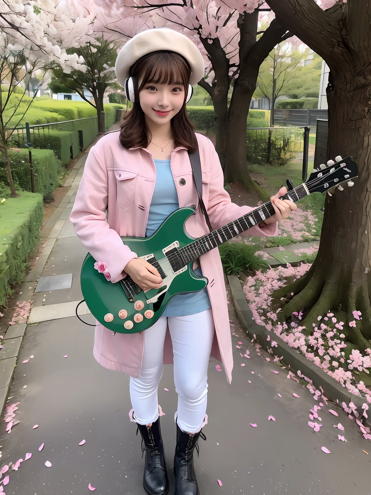 (Daisaku), (Extreme Quality), (Super Meticulous), (Full Body: 1.2), 1girl, Chibi, Cute, Smile, Open Mouth, Flower, Outdoor, Play Guitar, Music, Berets, Hold Guitar, Coat, Blush, Tree, Shirt, Short Hair, Cherry Blossoms, Green Headgear, Misty, Brown Hair, Blush Sticker, Long Sleeves, Bangs, Headphones, Brunette Hair, Pink Flower, (Beautiful Delicate Face), (Beautiful Delicate Eyes),