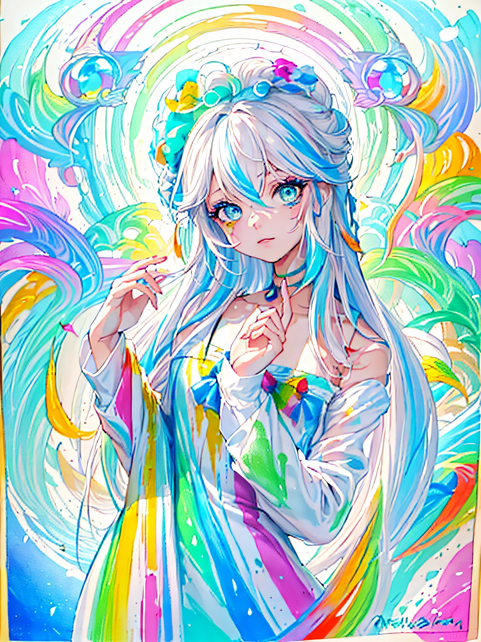 （Pink Fashion T-shirt：1.9），(Colorful hair: 1.8), (all the colours of the rainbow: 1.8),(((((vertical painting：1.6))), （painting：1.6），front, comics, illustrations, paintings, large eyes, crystal clear eyes,（ rainbow color gradient high ponytail：1.7）, exquisite makeup, closed mouth,(Small Fresh: 1.5),(Wipe Chest: 1.6) ，long eyelashes, white off shoulder T-shirt,  White Shoulder Shirt，looking at the audience, large watery eyes, (rainbow colored hair：1.6), color splash, （solo：1.8）, color splash, color explosion, thick paint style, messy lines, ((shining))，(colorful), (colorful), (colorful), colorful, Thick Paint Style, (Splash) (Color Splash), Vertical Painting, Upper Body, Paint Splash, Acrylic Pigment, Gradient, Paint, Highest Image Quality, Highest Quality, Masterpiece, Solo, Depth of Field, Face Paint,  colorful clothes, (Elegant: 1.2), gorgeous,long hair, wind, (Elegant: 1.3), (Petals: 1.4)，(((masterpiece))),(((best quality))),((ultra-detailed)),(illustration),(dynamic angle),((floating)),(paint),((disheveled hair)),(solo),(1girl) , (((detailed anima face))),((beautiful detailed face)),collar,bare shoulders,white hair, ((colorful hair)),((streaked hair)),beautiful detailed eyes,(Gradient color eyes),(((colorful eyes))),(((colorful background))),(((high saturation))),(((surrounded by colorful splashes))),