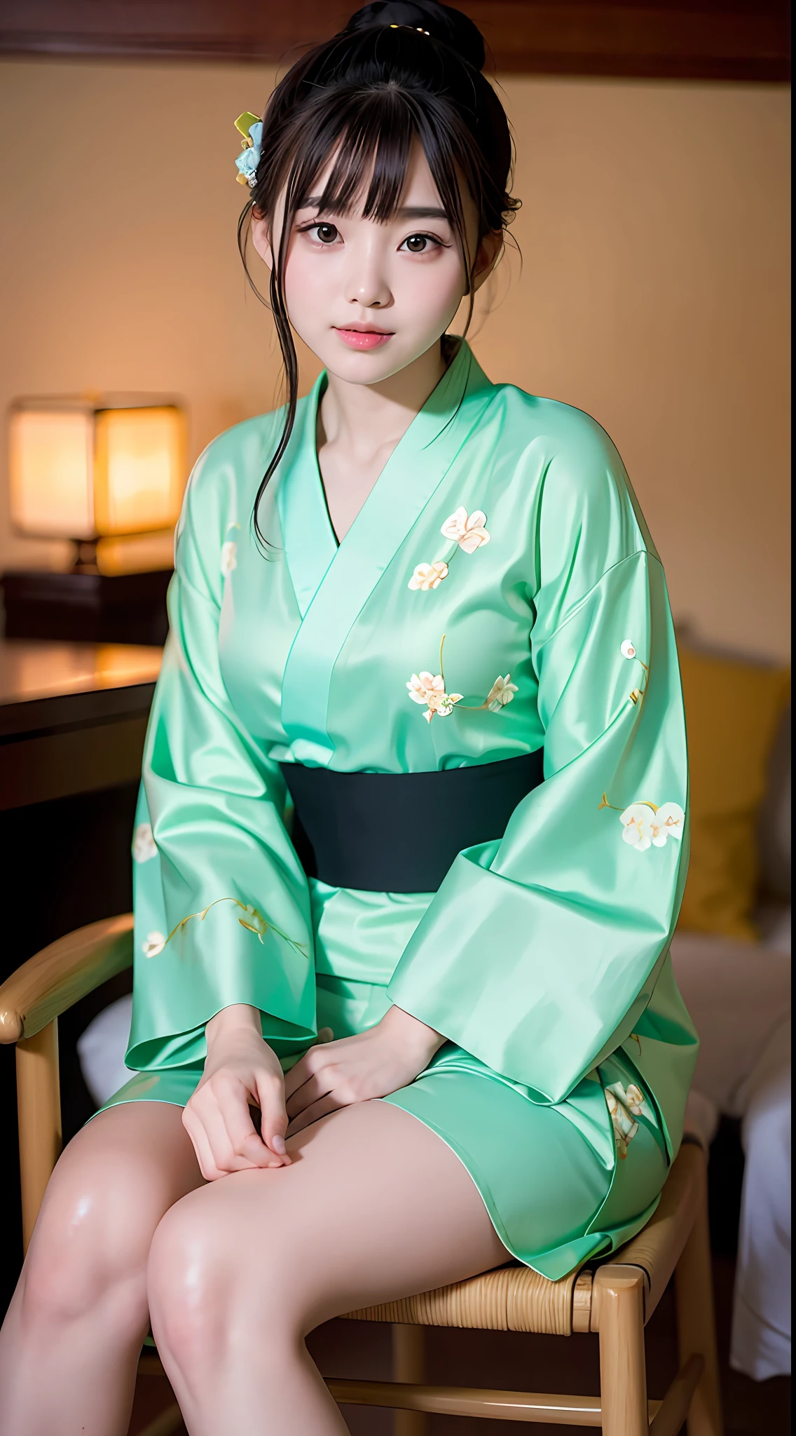 (yinchuan:1.5), close-up, masterpiece, best quality, raw photo, photorealistic, big breasts, beautiful face, soft smile, 20 year old girl, light green yukata, floral yukata, sitting on a chair, beautiful legs visible, night, depth of field, high resolution, ultra detail, fine detail, very detailed, highly detailed eyes and face, sharp pupils, realistic pupils,