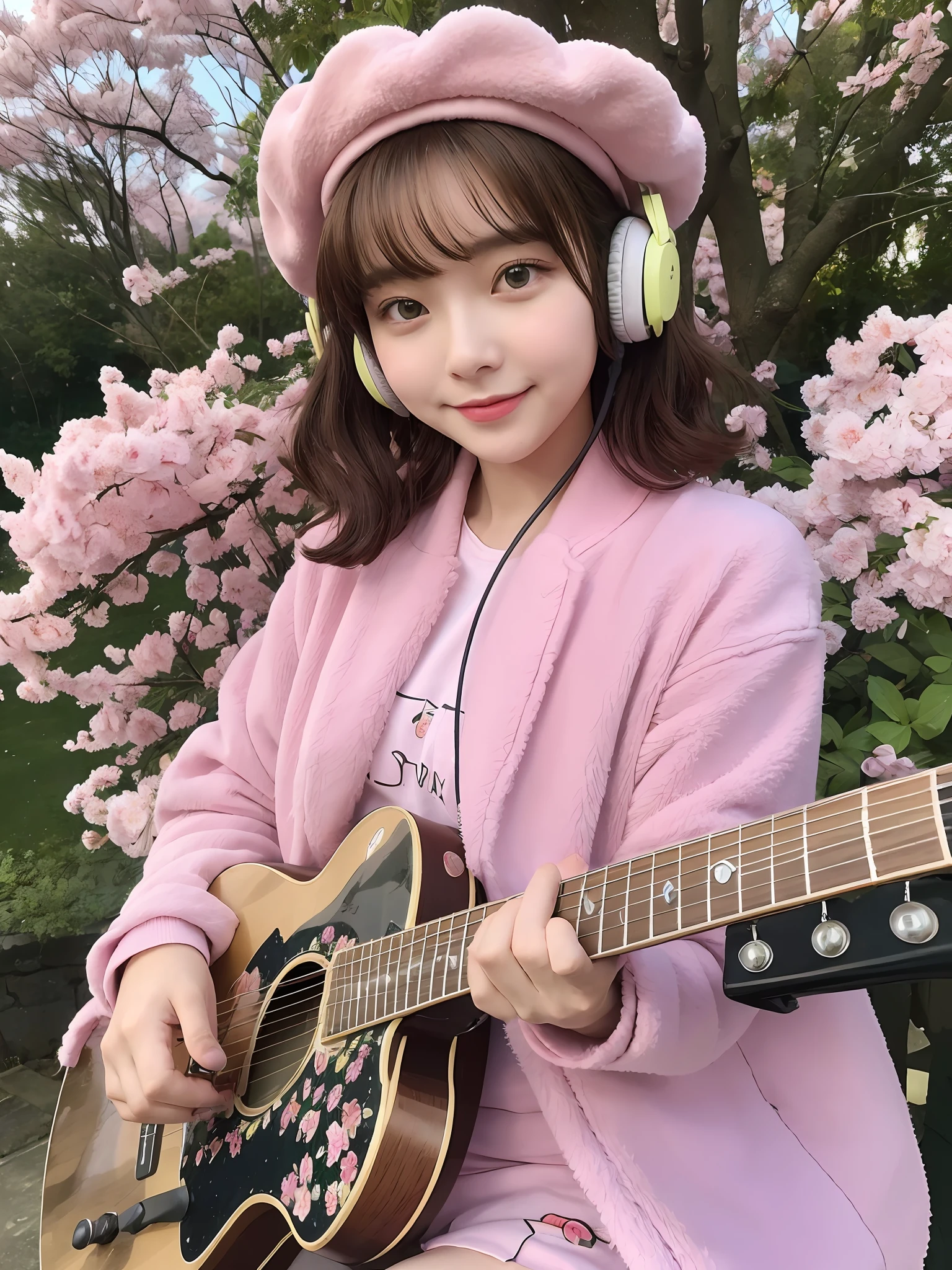 (Daisaku), (Extreme Quality), (Super Meticulous), (Full Body: 1.2), 1girl, Chibi, Cute, Smile, Open Mouth, Flower, Outdoor, Play Guitar, Music, Berets, Hold Guitar, Coat, Blush, Tree, Shirt, Short Hair, Cherry Blossoms, Green Headgear, Misty, Brown Hair, Blush Sticker, Long Sleeves, Bangs, Headphones, Brunette Hair, Pink Flower, (Beautiful Delicate Face), (Beautiful Delicate Eyes),
