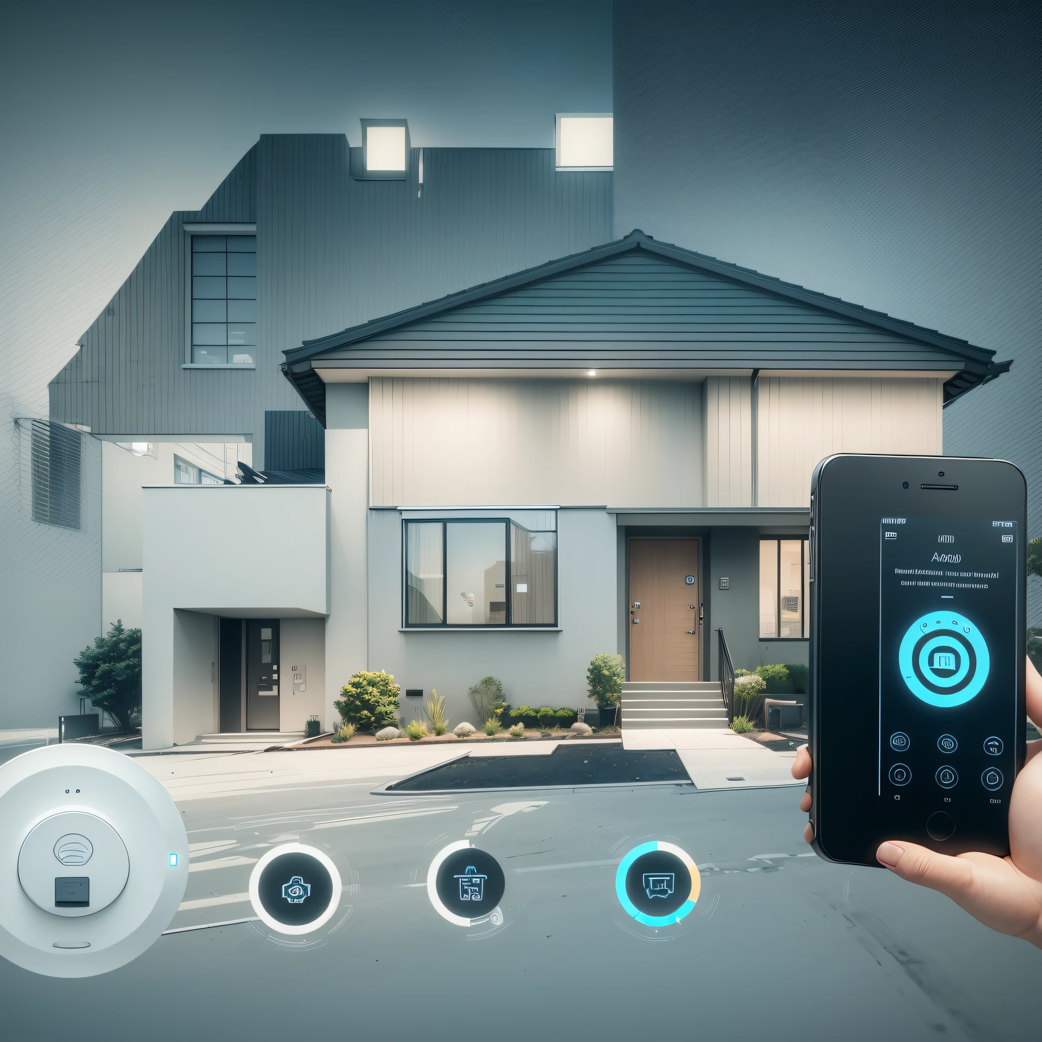 An image of a modern home with multiple smart devices such as remote-controlled lights, programmable thermostat, digital locks, and connected security systems. --auto --s2