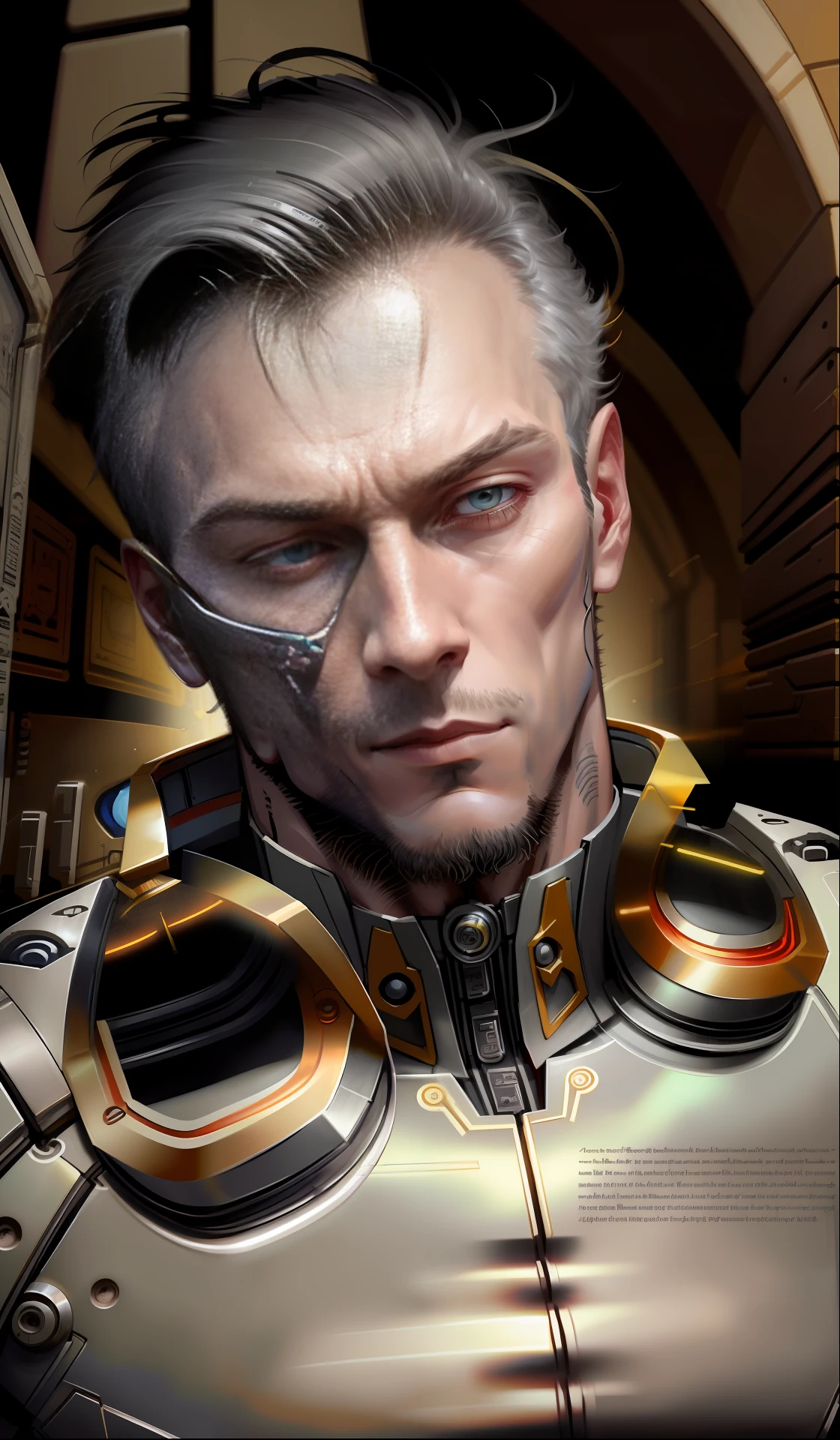 A cybernetic man in the range of 27 years old, muscular stereotype, with cowboy hat (mechanical parts: 1.5), fighting, bright eyes, short hair, tight supersuit torn, in a destroyed city, smoke and fire, aura of brilliant power, dynamic pose, dynamic vision, hyper detailed, 8k quality, with tattoo on the arm, mechanical roman watch on the chest, merge images,  hyper realism. Enjoy original photo base, mechanical and human bust. With gray goatee and gray hair.