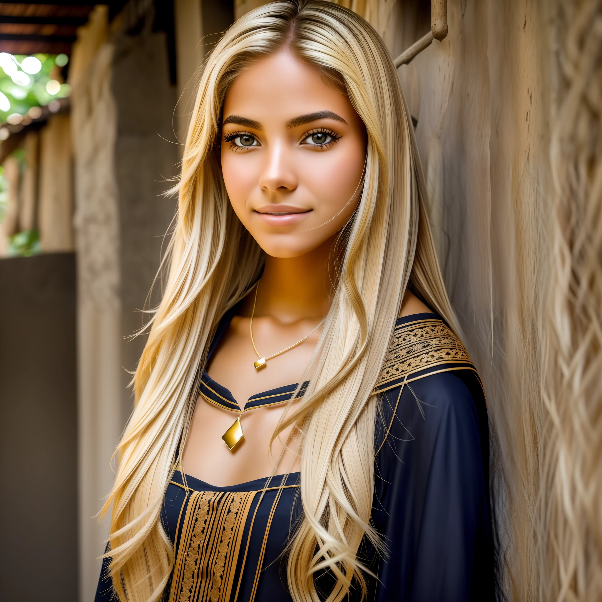 Young adult woman, Brazilian, honey colored eyes, blonde hair, darkened at the roots, thin and tall, favelada clothes --auto --s2