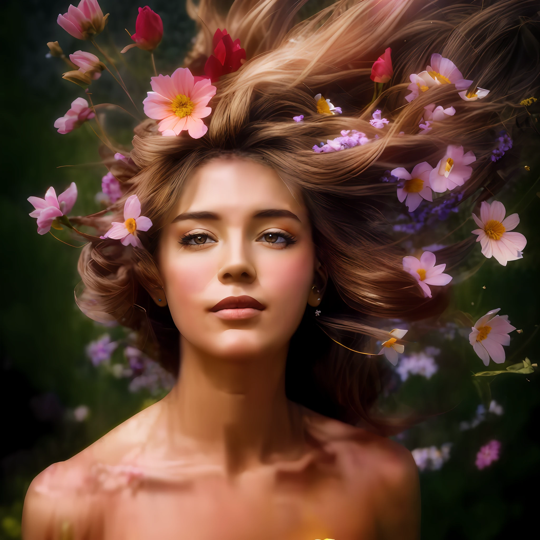 arafed woman with flowers in her hair and a wreath, floeers in hair, flower storm portrait, woman in flowers, flowers in hair, flowers in hair, age 36 years, flower goddess, cute portrait photo, brazilian woman features made of petals, female portrait with flowers, frontal brazilian woman in a field of flowers, Looking forward, light makeup, realism, realistic photos, professional color correction, 8K, F2.4 aperture, 35mm lens, realistic real face, only the face area is included, with ordinary clothing, brown skin, wavy hair, alone in the image, with passionate look, with happy feeling, background with landscape.