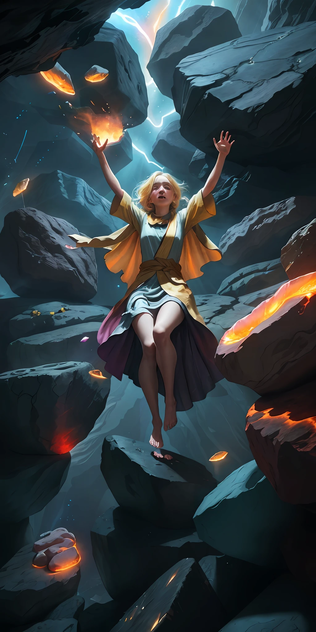 female barefoot summoner levitating with blonde hair robes and cape arms lifted up over a broken earth bright lava light from below asteroid field (jagged rocks boulders and debris shooting into the air:1.3) (windy dust debris storm:1.1) volumetric fog mist ray tracing z pass bright light from below, (masterpiece) (best quality) (detailed) (8k) (cinematic lighting) (sharp focus) (intricate)