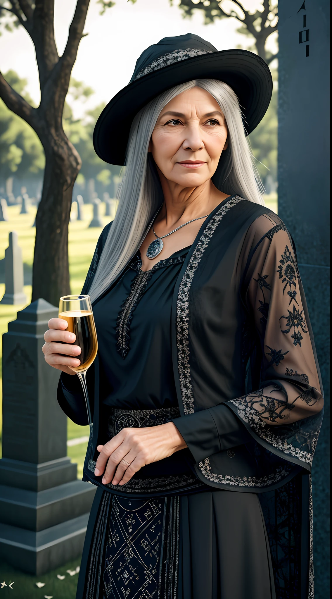 Realistic photo, ultra details, natural light Ultra detailed portrait ((1)) Elderly woman Sorceress, 60 years old, thin, long gray hair, black hat sorceress, with shredded black blouse, long patchwork color skirt, glass of champagne in hand, dark background, in the cemetery, photo taken full body. The illustration is in high definition in 8K resolution, with ultra detailed facial features