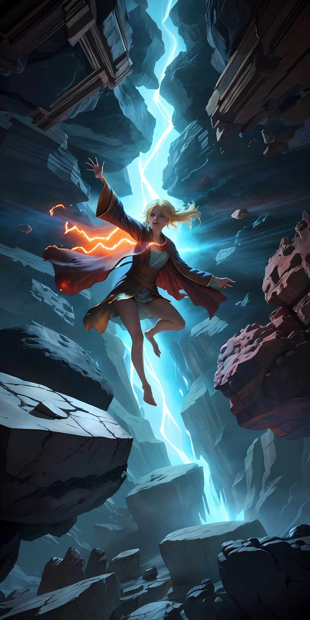 female barefoot summoner levitating with blonde hair robes and cape arms lifted up over a broken earth bright lava light from below asteroid field (jagged rocks boulders and debris shooting into the air:1.3) (windy dust debris storm:1.1) volumetric fog mist ray tracing z pass bright light from below, (masterpiece) (best quality) (detailed) (8k) (cinematic lighting) (sharp focus) (intricate)