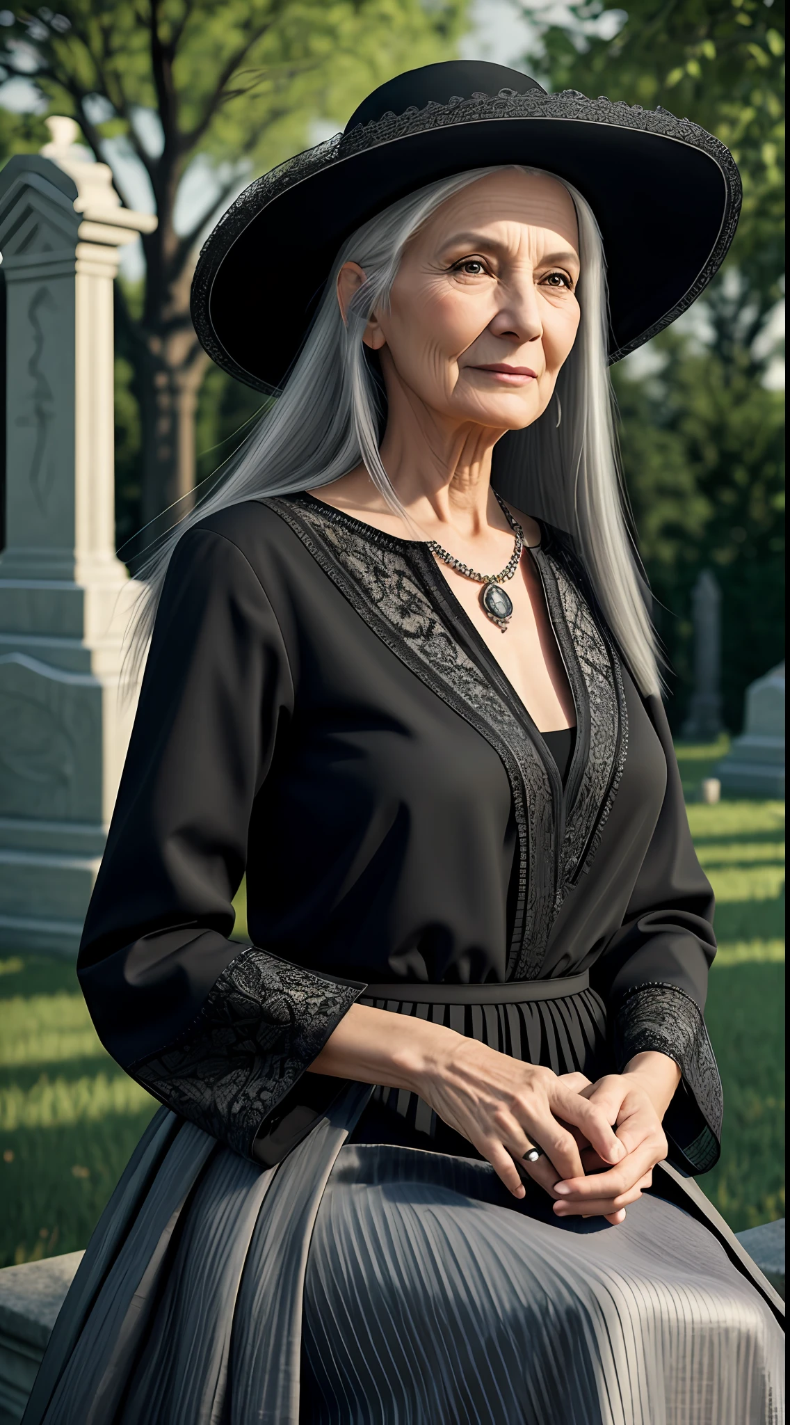 Realistic photo, ultra details, natural light Ultra detailed portrait ((1)) Elderly woman Sorceress, 60 years old, thin, long gray hair, black hat sorceress, with shredded black blouse, long patchwork color skirt, glass of champagne in hand, dark background, in the cemetery, photo taken full body. The illustration is in high definition in 8K resolution, with ultra detailed facial features