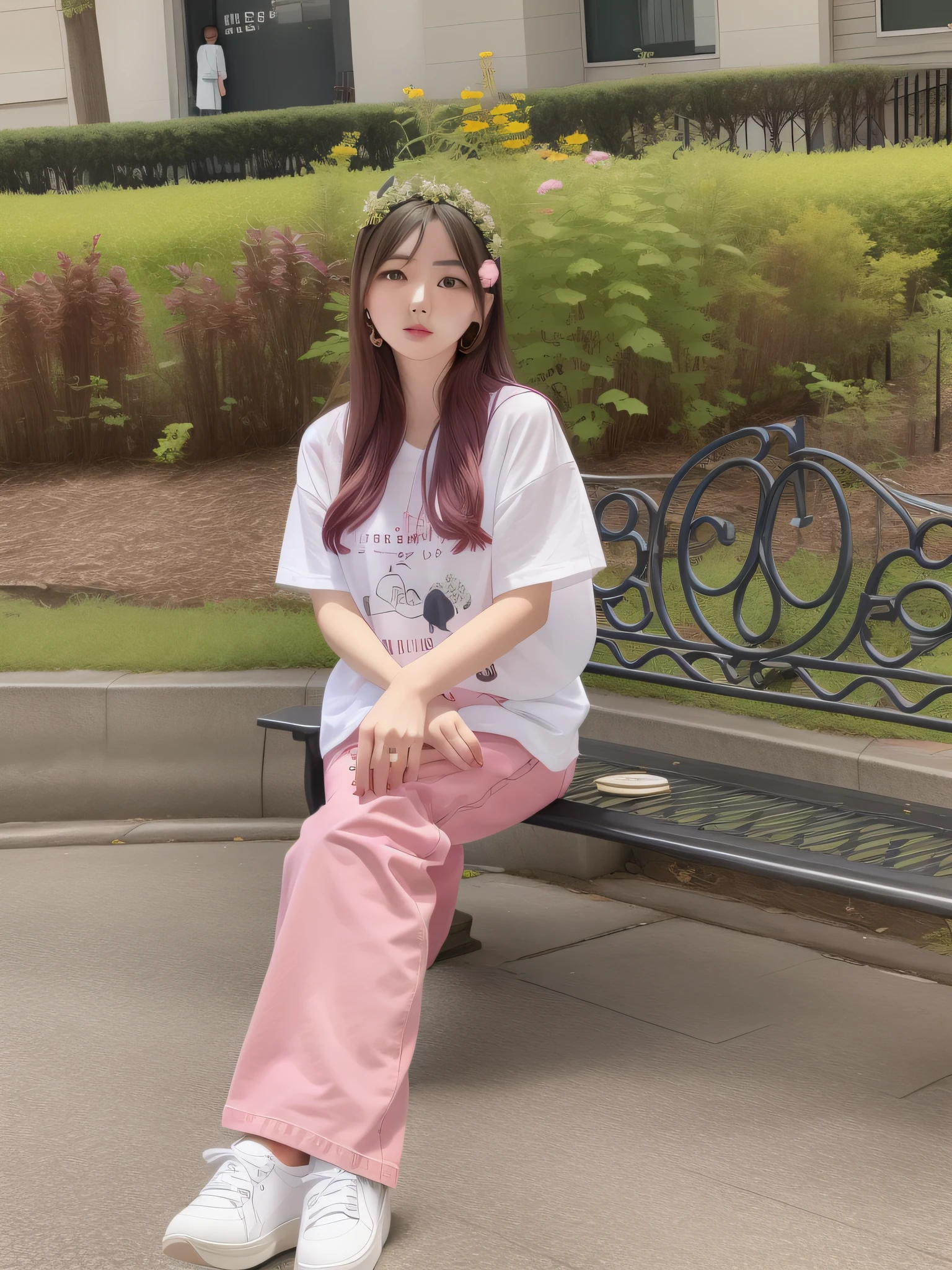 there is a woman sitting on a bench in front of a building, ulzzang, kawaii shirt and jeans, 2 0 2 0 fashion, casual clothing style, chiho, korean women's fashion model, pink clothes, sakimichan, 🎀 🧟 🍓 🧚, dressed with long fluent clothes, white trendy clothes, ((pink)), korean girl